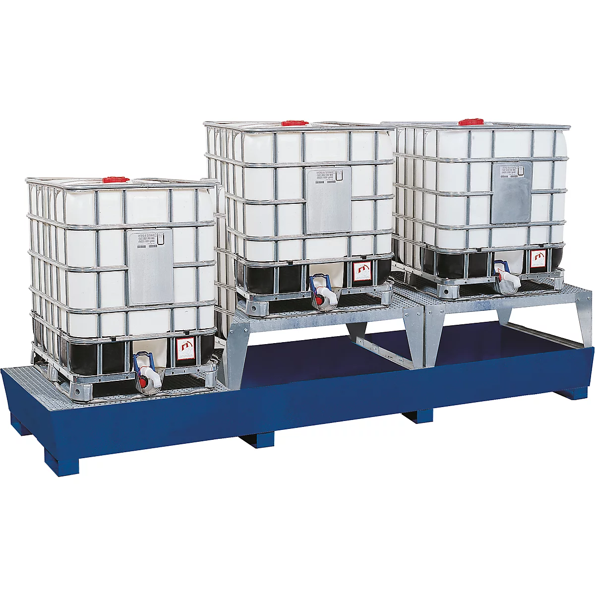 Station IBC ASECOS, en acier, avec caillebotis, 2 stands de remplissage et chaussures de chariot élévateur, capacité de 1000 l, L 3280 x P 1300 x H 820 mm, peinte ou galvanisée