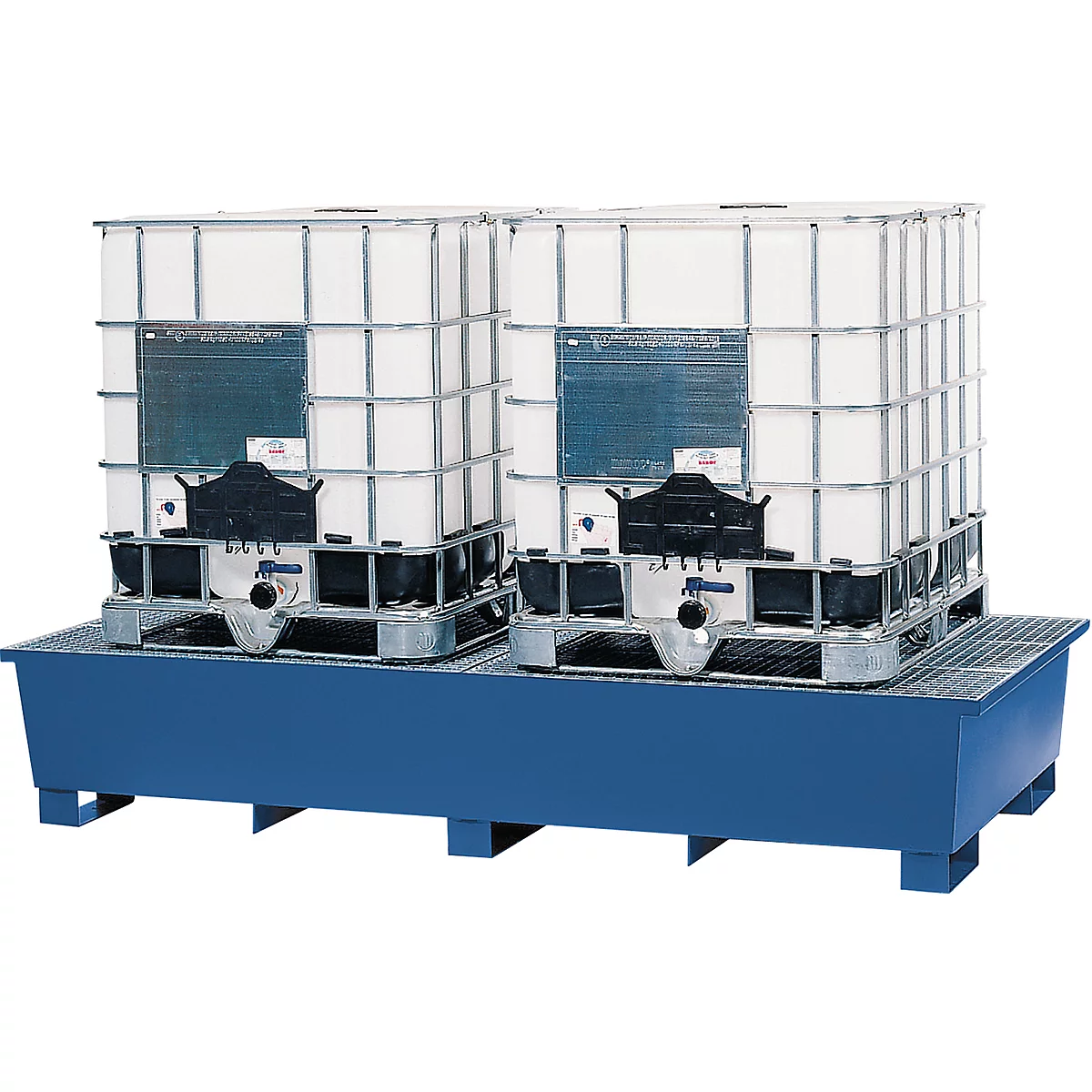 Station IBC ASECOS, en acier, avec caillebotis et sabots de chariot élévateur, capacité de 1000 l, L 2680 x P 1300 x H 483 mm, peinte ou galvanisée