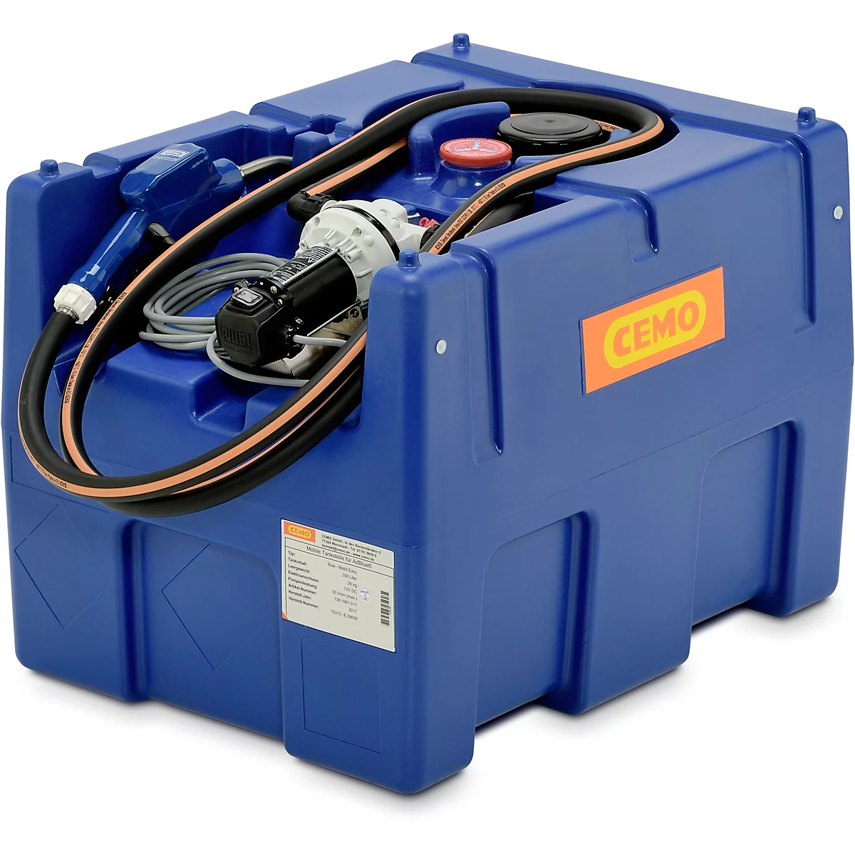 Station-service mobile CEMO Blue-Mobil EASY, avec pompe à membrane CEMATIC BLUE 12 V, réservoir de 200 l pour l'AdBlue®, L 800 x P 600 x H 590 mm