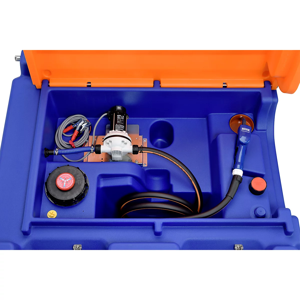 Station-service mobile CEMO Blue-Mobil EASY, avec pompe à membrane CEMATIC BLUE 230 V, réservoir de 980 l pour l'AdBlue®, œillets de grue, couvercle à charnière, L 1720 x P 1070 x H 1120 mm