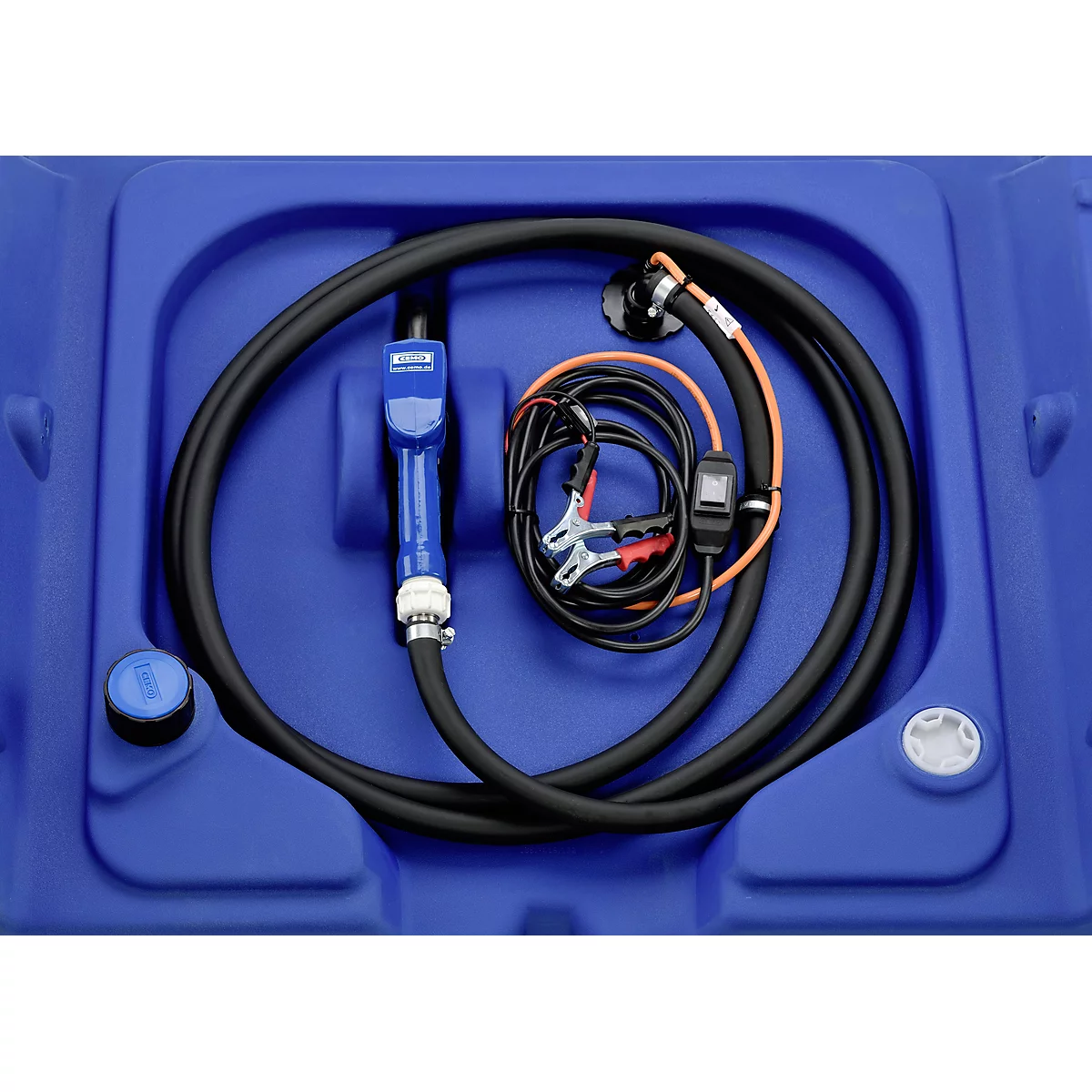 Station-service mobile CEMO Blue-Mobil EASY, avec pompe submersible CENTRI SP30 12V, réservoir de 440 l pour AdBlue®, couvercle à charnière, L 1180 x P 800 x H 710 mm