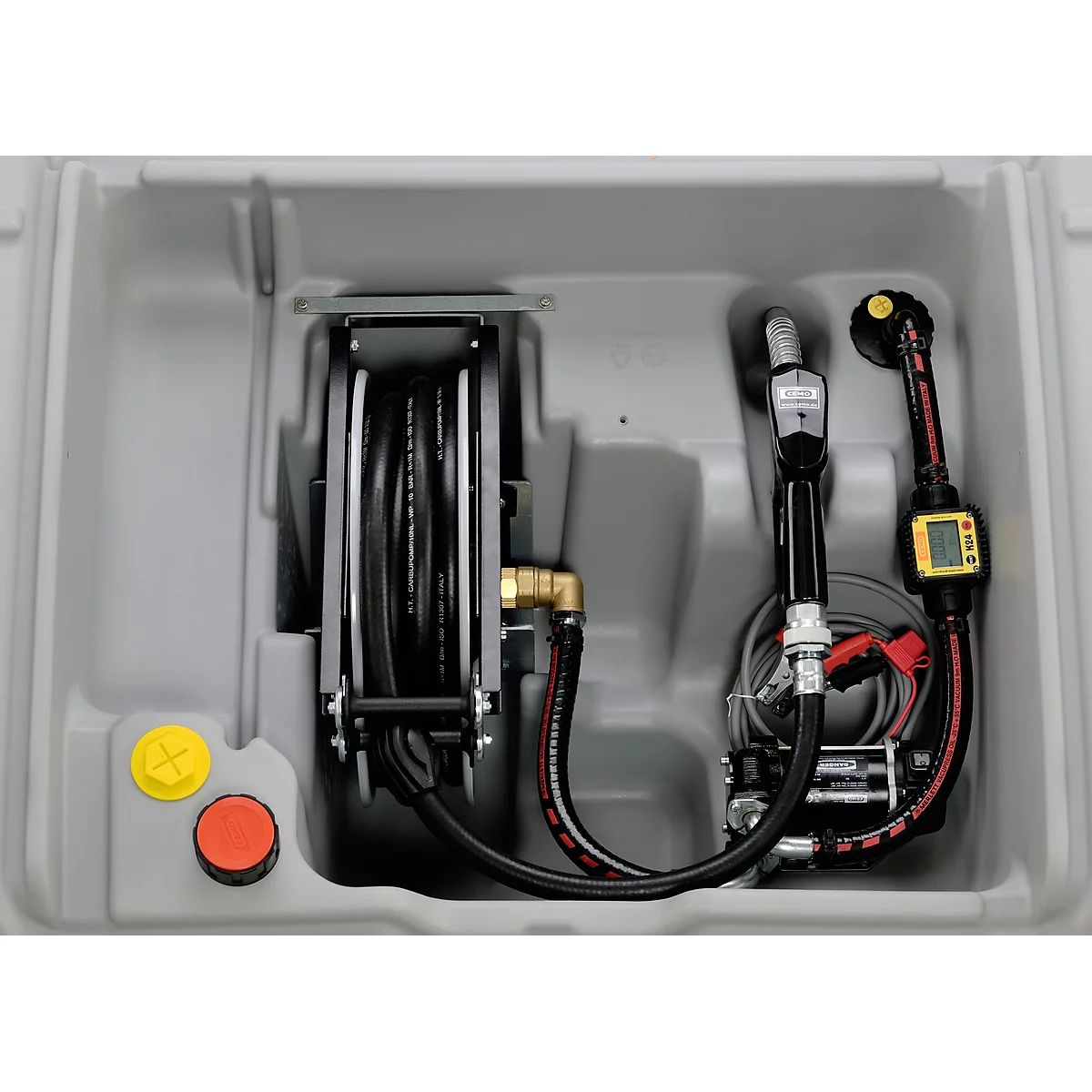 Station-service mobile CEMO Pompe électrique Premium 12V, 40l/min, compteur K24, enrouleur de tuyau, pistolet automatique, couvercle à charnière