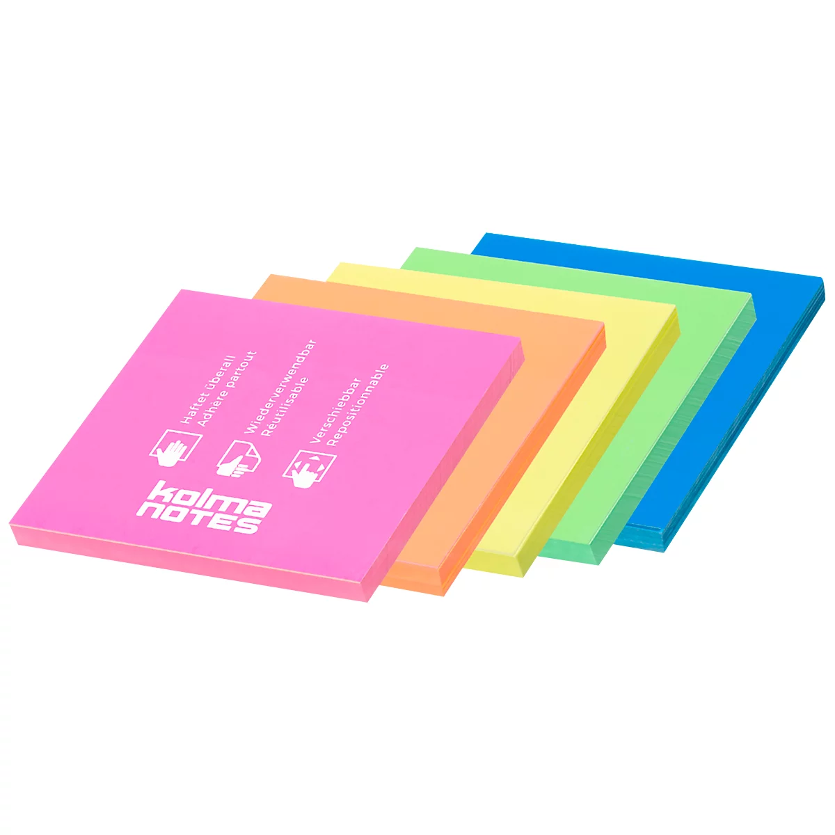 Verschiedenfarbige Haftnotizen, pink, orange, gelb, grün und blau angeordnet. Auf der pinkfarbenen Notiz steht 'Kolma Notes'.