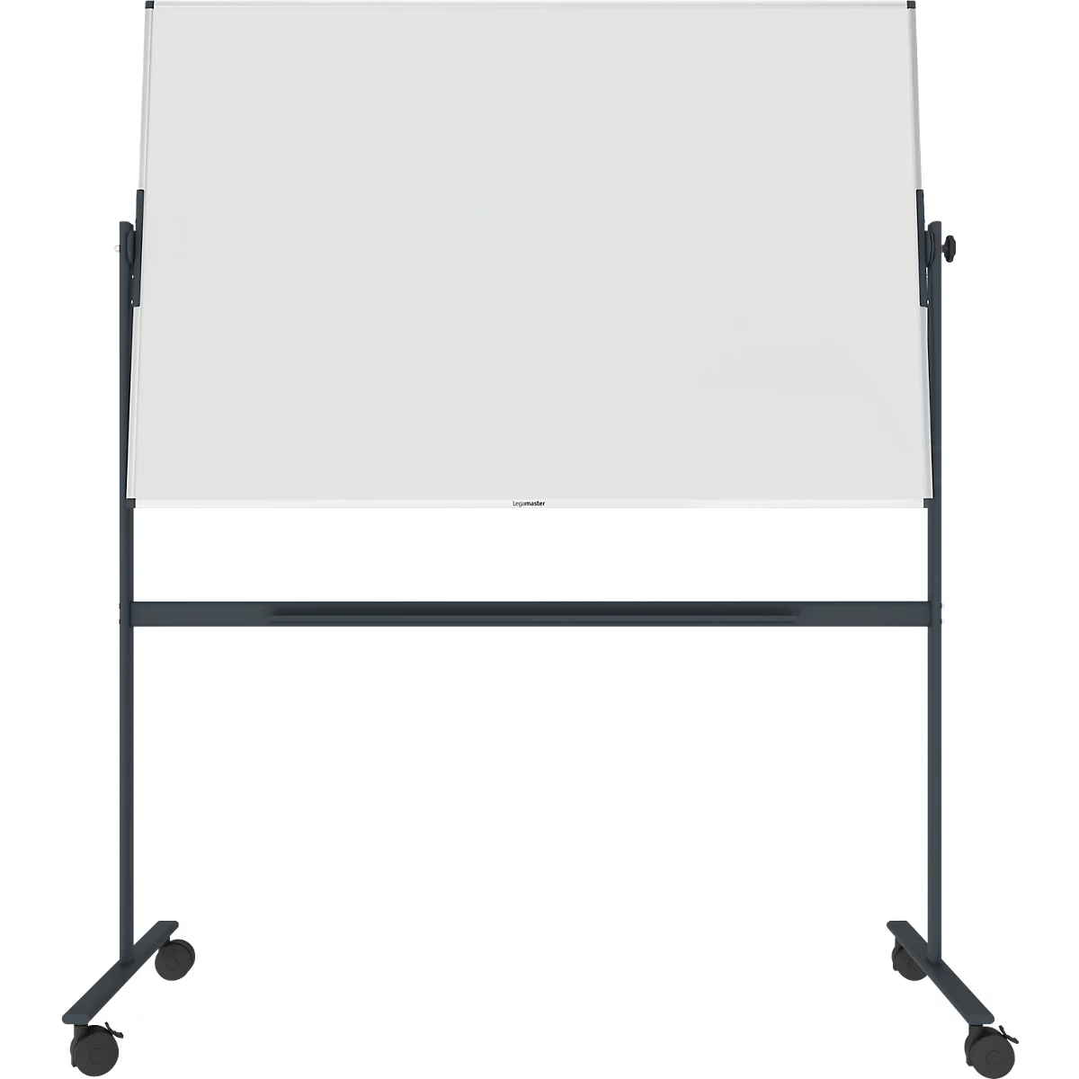 Weißes Whiteboard auf einem schwarzen, rollbaren Gestell. Es steht leicht schräg.