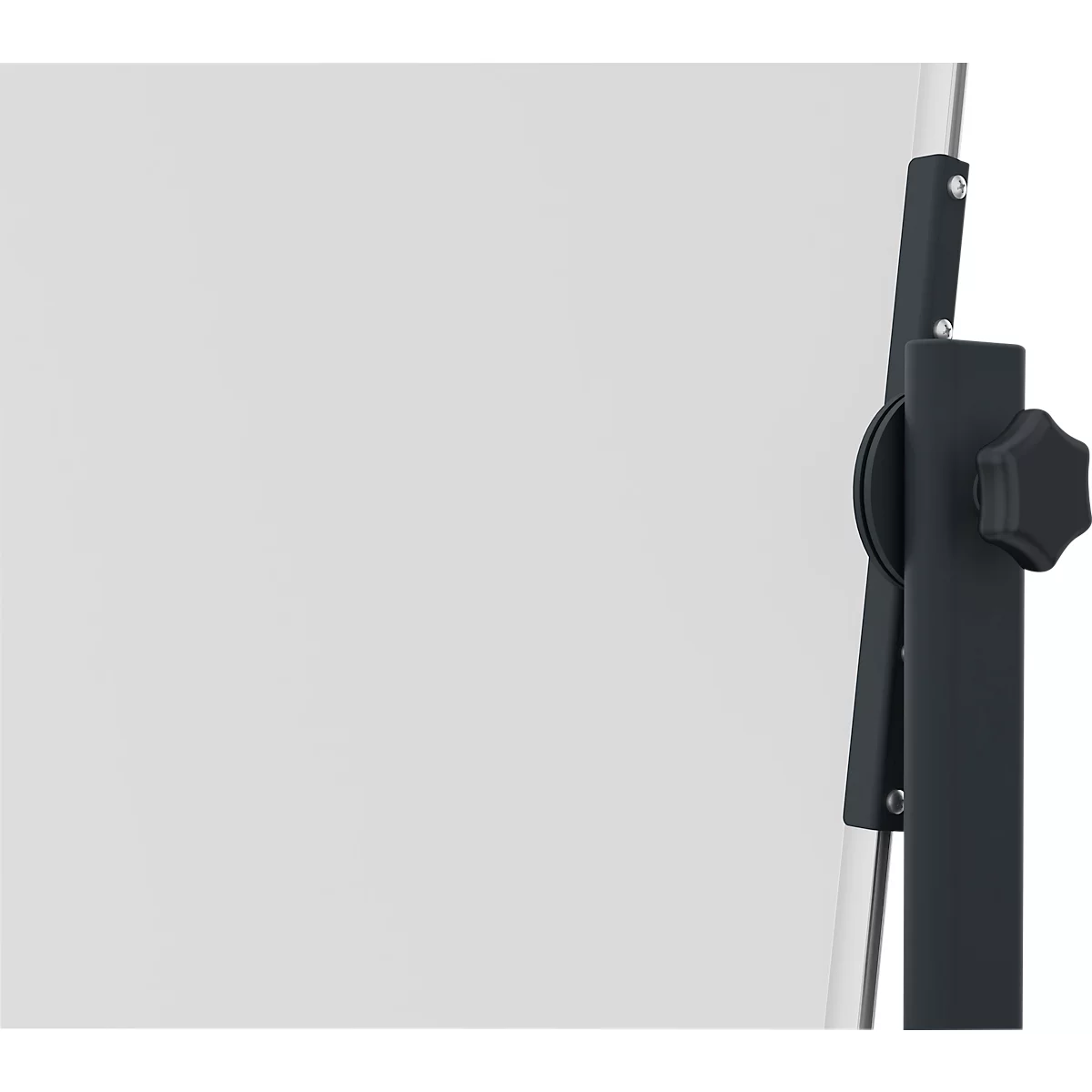 Detailansicht einer weißen Tafel mit dunklem Ständer und schwarzem Drehknopf zur Höhenverstellung.