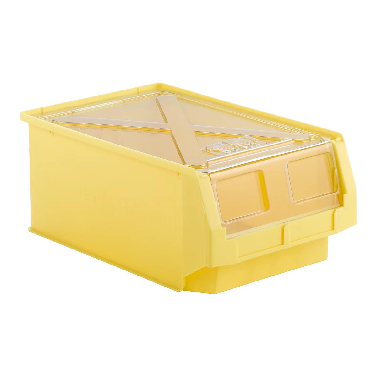 Gelbe Aufbewahrungsbox mit transparentem Deckel, der zum Teil offen ist. Die Box hat eine rechteckige Form und ist leicht schräg gestellt.