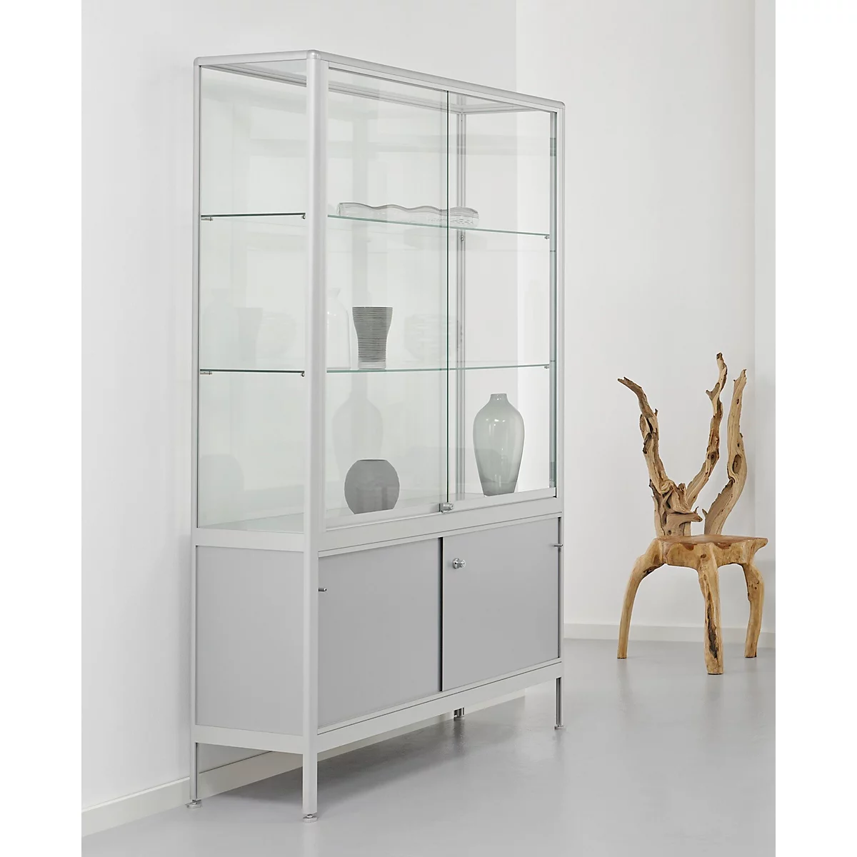 Staufachvitrine BST, Brandschutzklasse B1, 3 Fächer, 1 Staufach, abschließbare Schiebetüren, B 580 x T 500 x H 1950 mm, Aluminium/Glas/Metall, silber