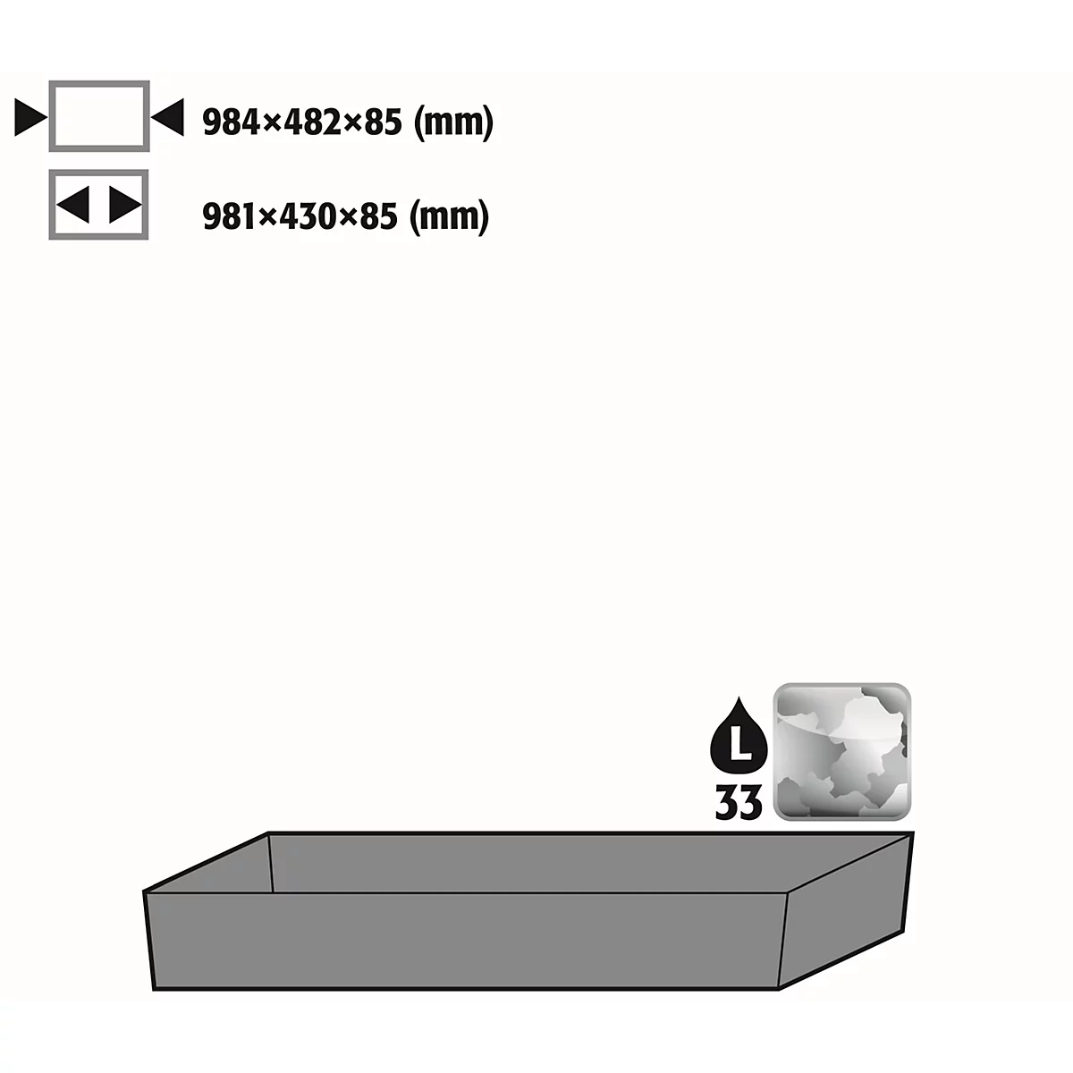 Stawa-R bodemopvangbak voor asecos chemiekasten van de CS- en CX-serie, plaatstaal, B 984 x D 482 x H 85 mm, 33 l