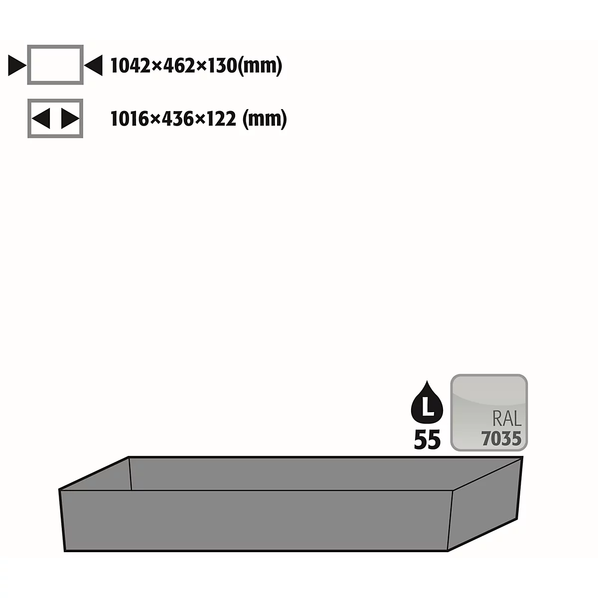 STAWA-R bodemopvangbak voor asecos veiligheidskasten van de series Q30, Q90 en S90, plaatstaal, lichtgrijs, B 1042 x D 507 x H 131 mm, 55 l