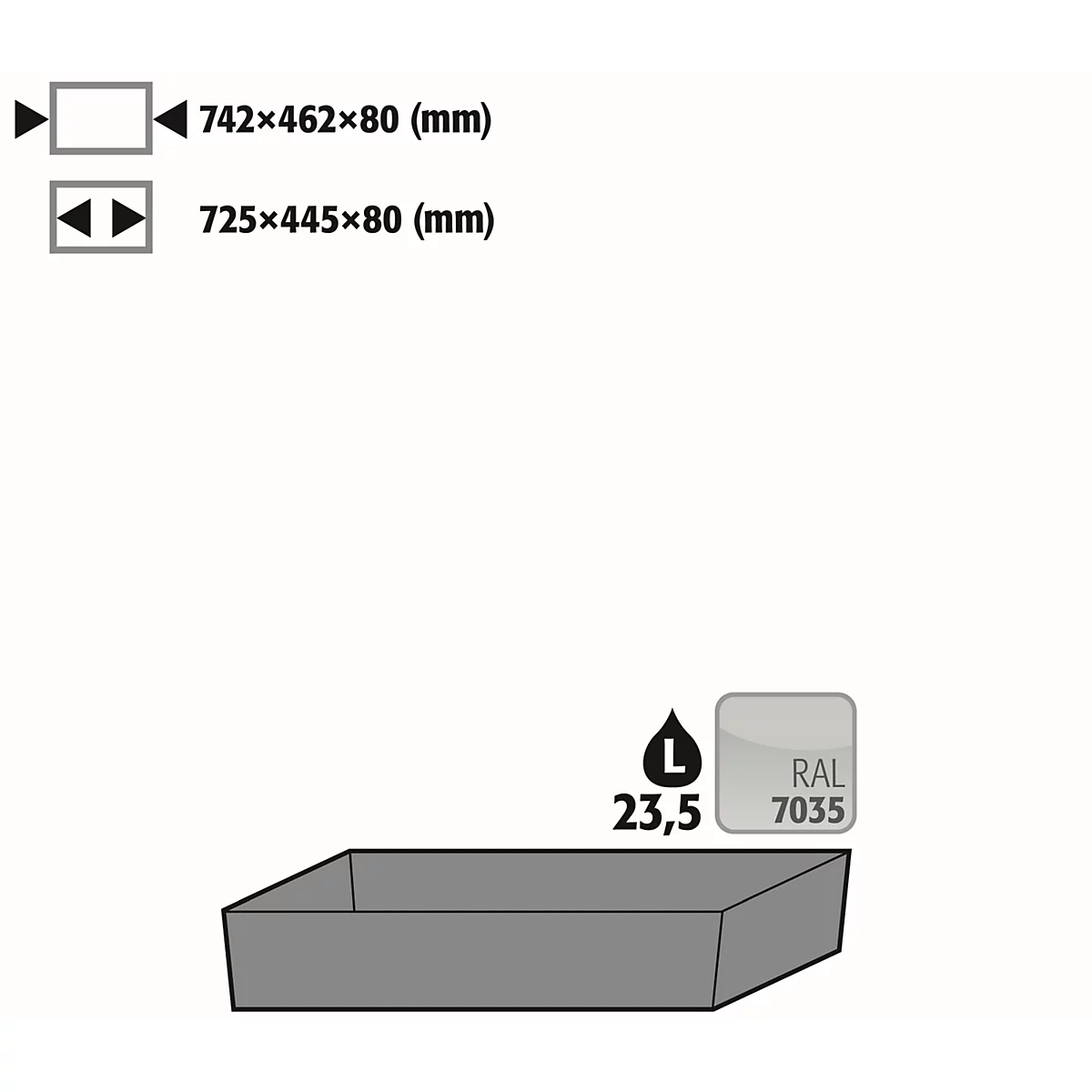 Stawa-R bodemopvangbak voor asecos veiligheidskasten van de series Q30, Q90 en S90, plaatstaal, lichtgrijs, B 742 x D 507 x H 83 mm, 22 l