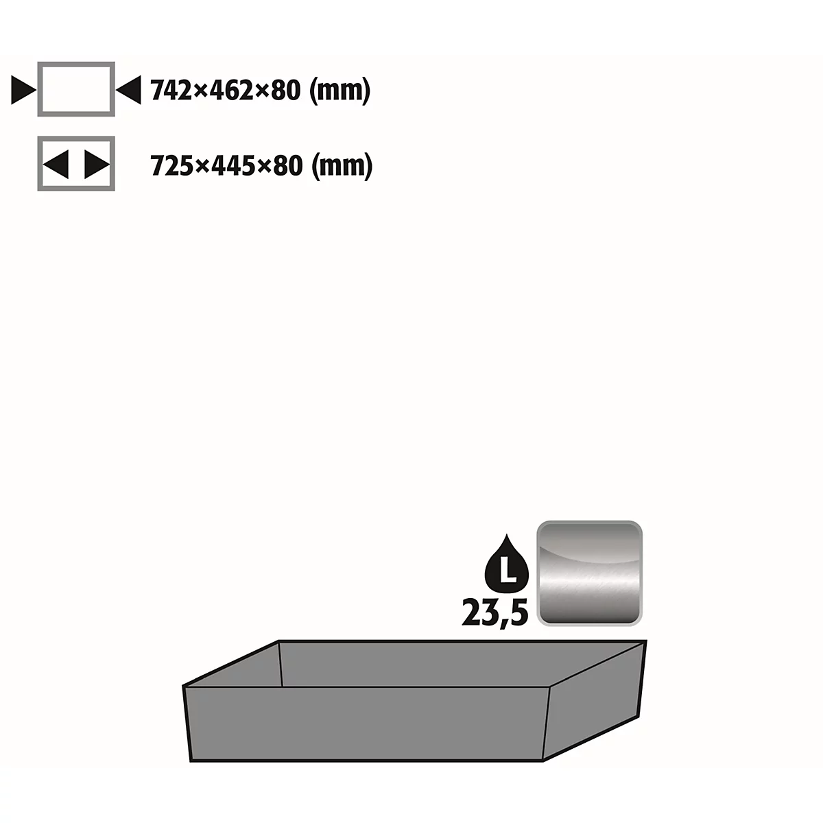 Stawa-R bodemopvangbak voor asecos veiligheidskasten van de series Q30, Q90 en S90, roestvrij staal 1.4301, B 742 x D 507 x H 83 mm, 22 l