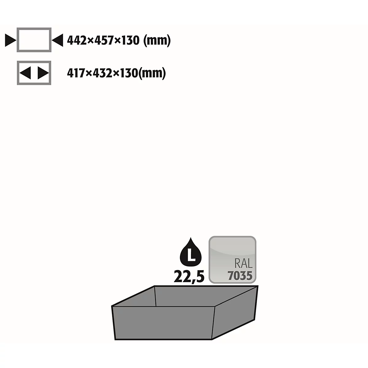 Stawa-R bodemopvangbak voor asecos veiligheidskasten van de series Q30, Q90, S90 en K90, plaatstaal, lichtgrijs, B 442 x D 507 x H 127 mm, 22 l