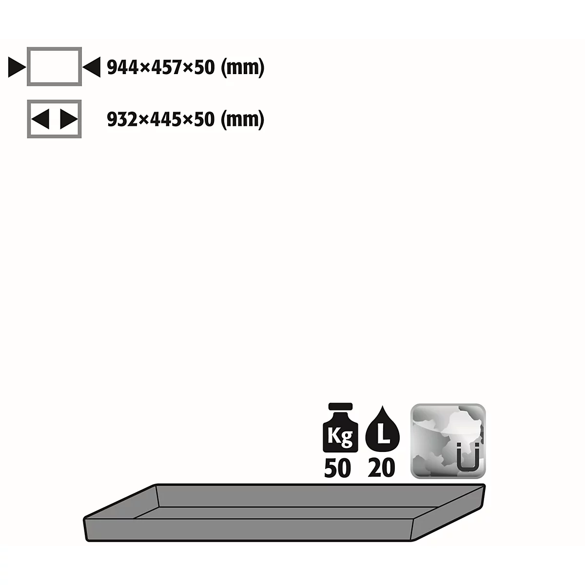 Gray rectangular plastic tub, below are symbols with dimensions, weight and volume information.