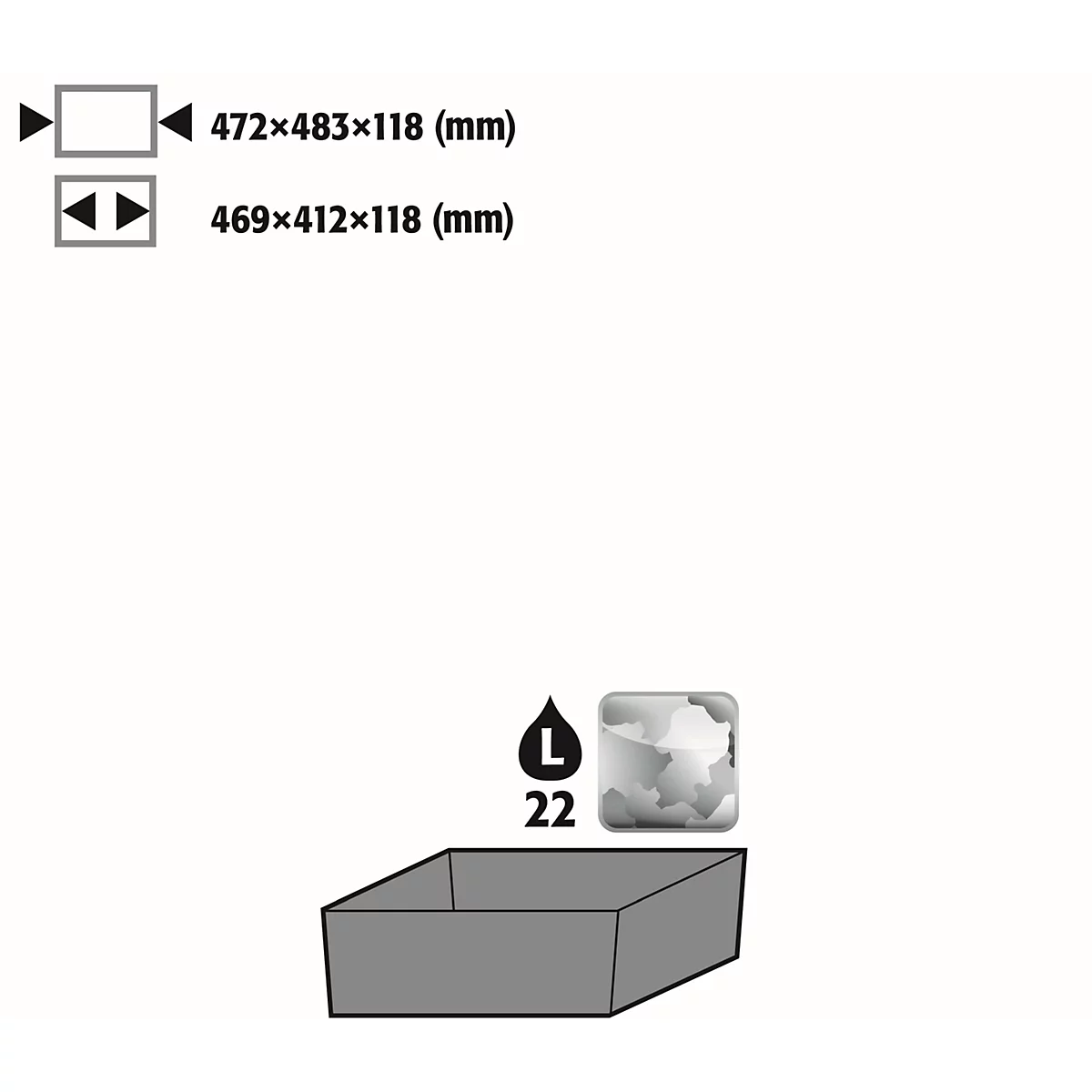 Grey box with dimensions of 469x412x118 mm and 472x483x118 mm.