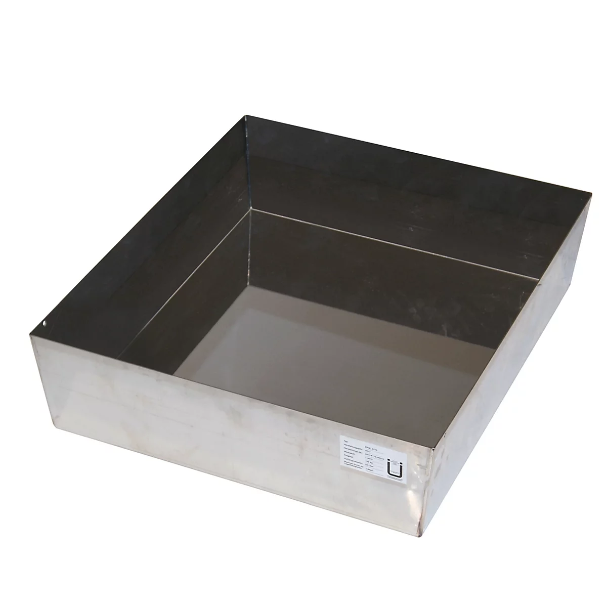 Rectangular stainless steel tray, photographed from above. The side walls, the bottom and a small label are visible.