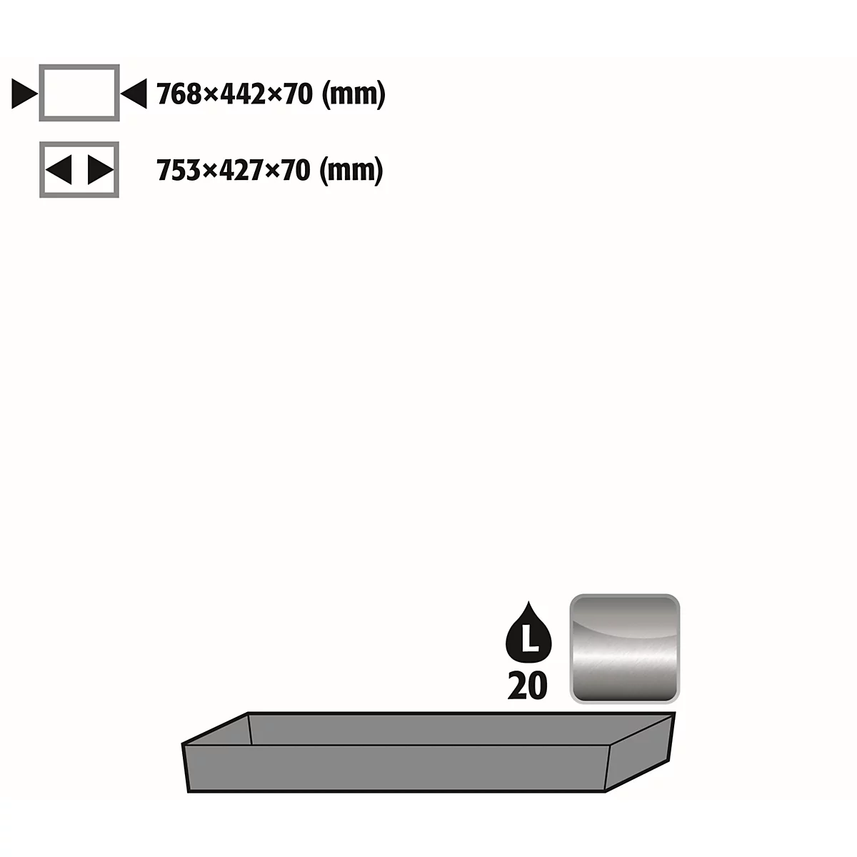 Grey rectangular tray with inscriptions. Text with dimensions above. Next to it, a drop symbol with the number 20.