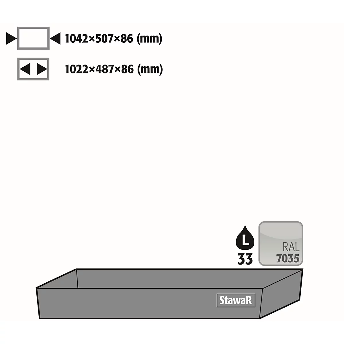 Grey, rectangular tub. Size specifications and color code RAL 7035 at the top.
