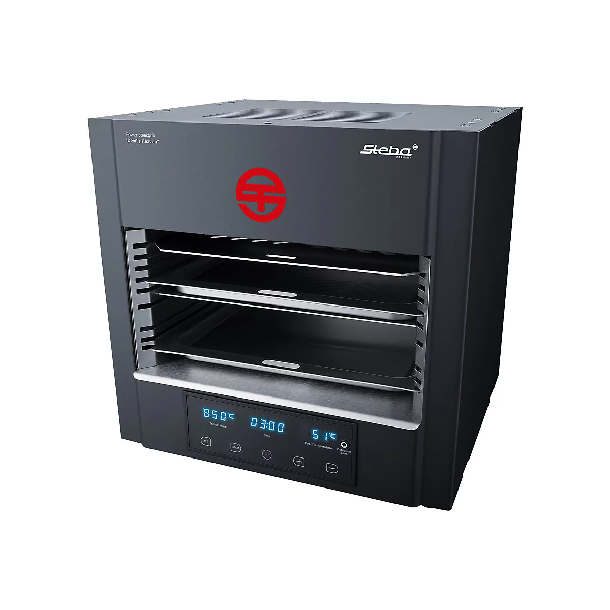 Schwarzer Steba Elektro-Hochtemperaturgrill mit digitalem Display und Einschubfächern auf weißem Hintergrund.