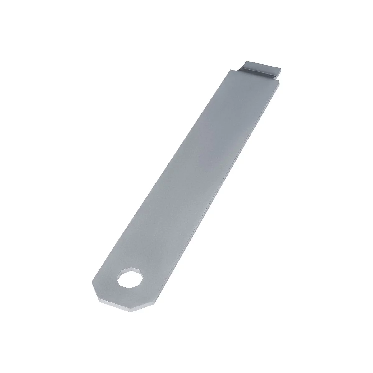 Flaches, metallisches Werkzeug mit sechseckiger Öffnung an einem Ende und einer flachen Kante am anderen Ende.