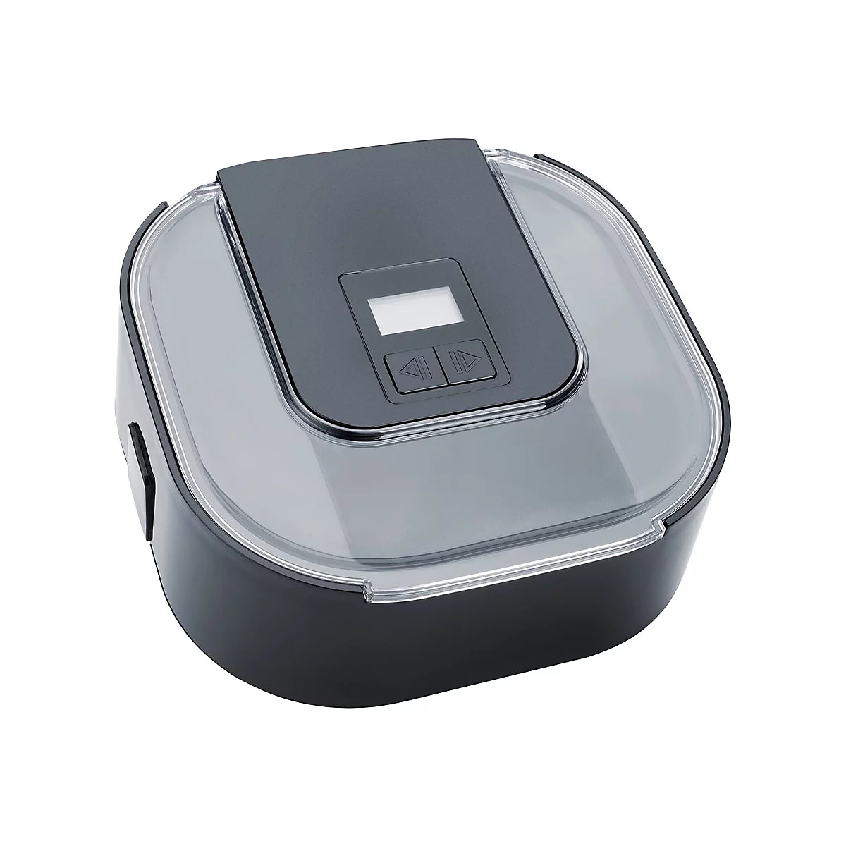 Elektrische Lunchbox in Dunkelgrau mit transparentem Deckel, Display und zwei Bedientasten auf weißem Grund.