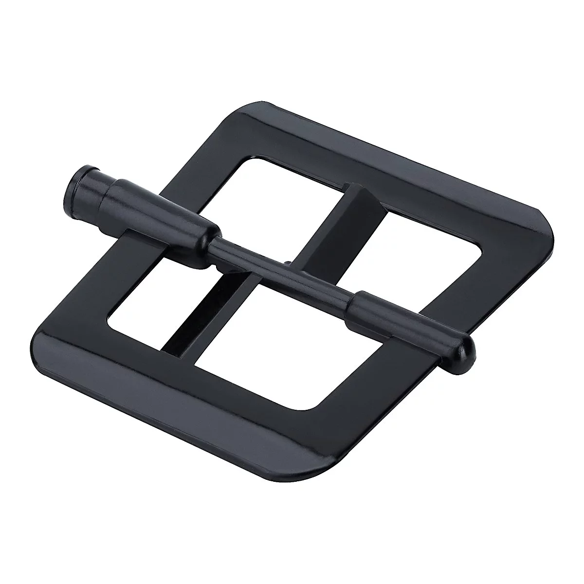 Eine quadratische, schwarze Gürtelschnalle mit einem beweglichen Dorn vor weißem Hintergrund.