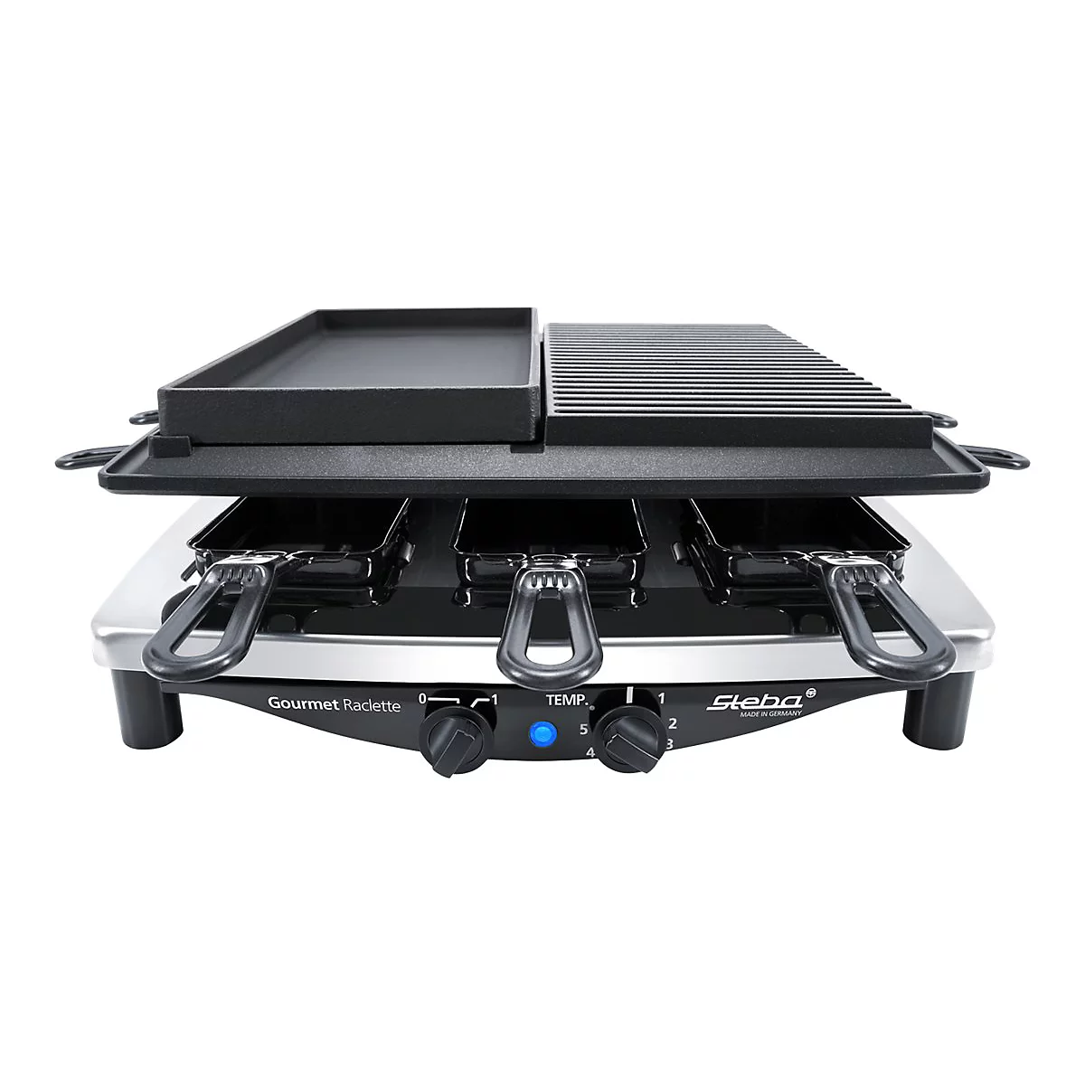 Steba Gourmet Raclette mit Grillplatte und drei Pfännchen vor weißem Hintergrund.