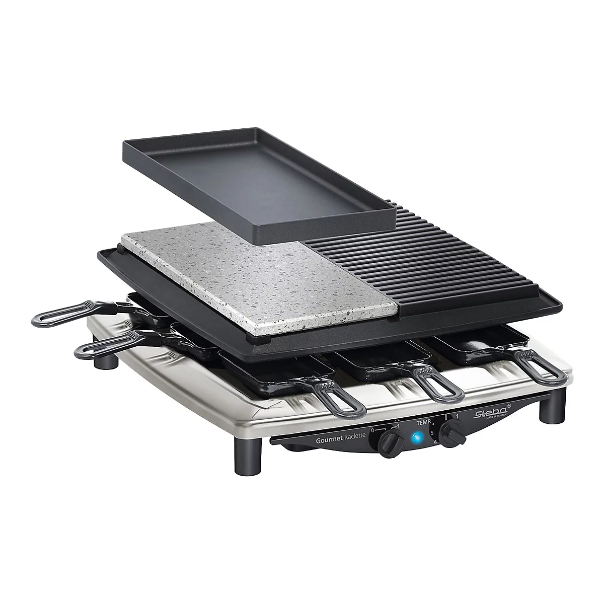 Steba Raclette-Grill mit Edelstahlgehäuse, Natursteinplatte, Grillplatte und abnehmbarer Pfanne auf weißem Grund.