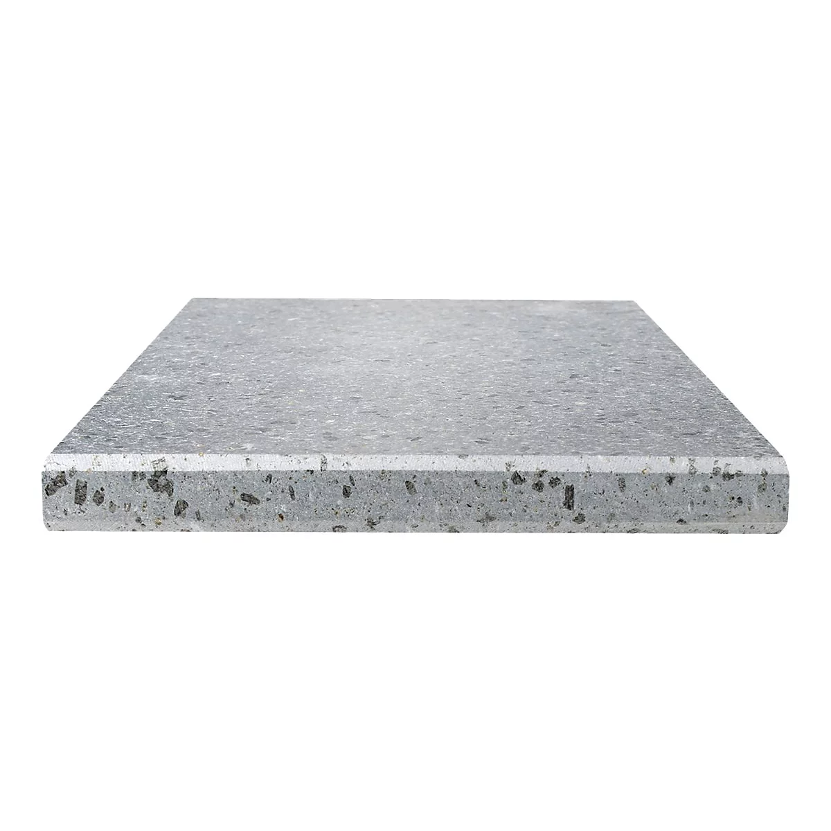 Rechteckige Platte aus grauem Granit mit gesprenkelter Struktur und abgerundeter Vorderkante vor weißem Hintergrund.