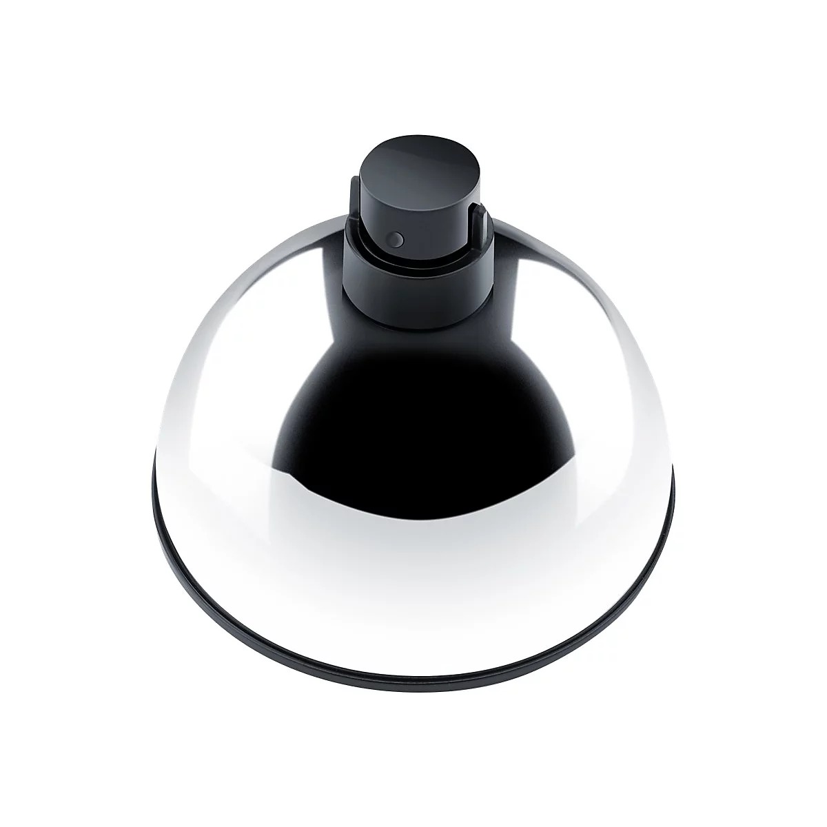Halbkugelförmige Lampe in Chromoptik mit schwarzem Sockel auf weißem Hintergrund.