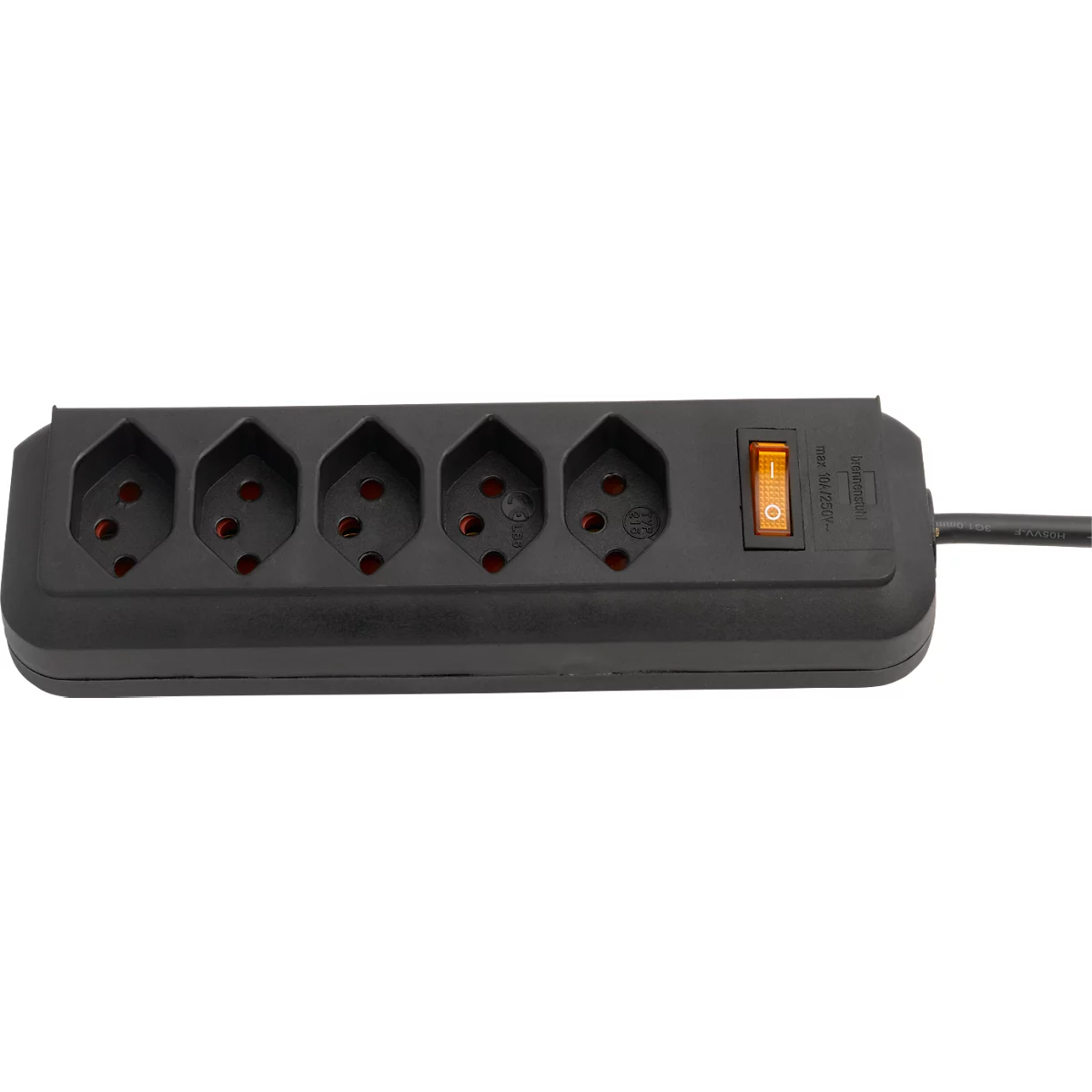 Schwarze Mehrfachsteckdose mit 5 Steckdosen, einem Schalter und einem angeschlossenen Kabel.