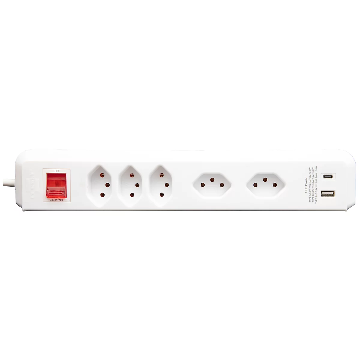 Steckdosenleiste brennenstuhl® cleverLINE, 3+2-fach, 1 x USB-A/1 x USB-C, bis 2300 W, mit beleuchtetem Schalter, IP20, Kabellänge 3 m, Kunststoff, weiss