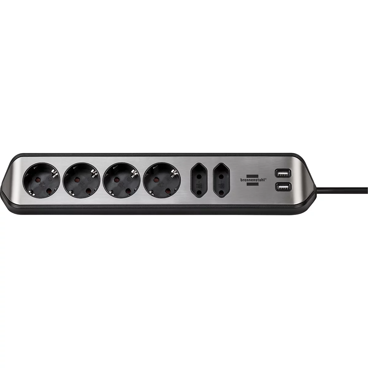 Steckdosenleiste brennenstuhl estilo, 6-fach, 2 USB-Ladebuchsen, IP20, Kabellänge 2 m, L 365 x B 60 x T 110 mm, Edelstahl & Kunststoff, schwarz-silber