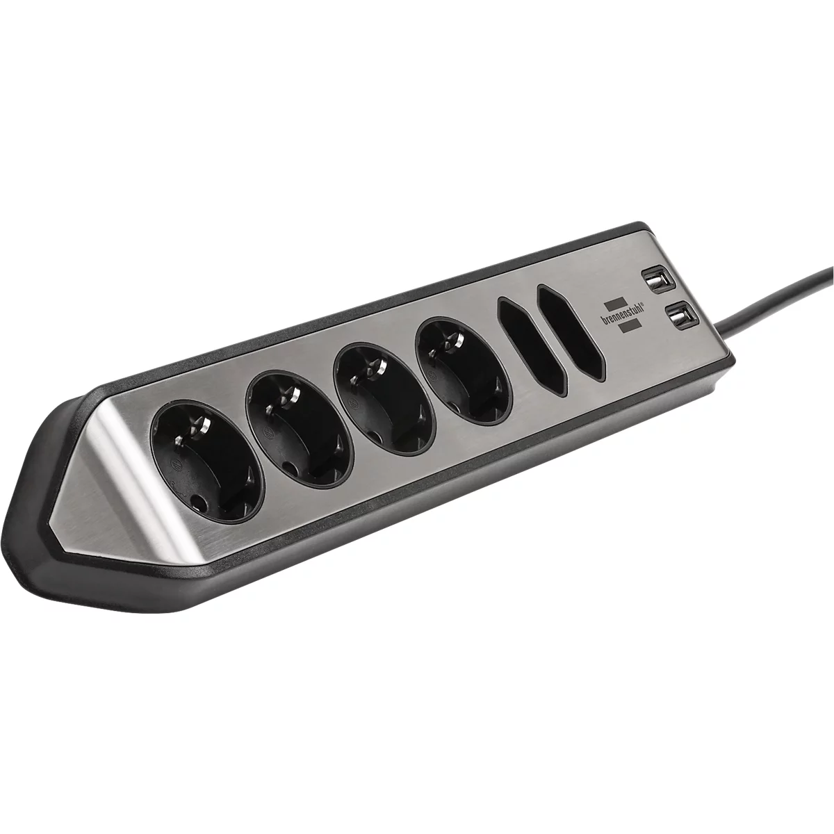 Steckdosenleiste brennenstuhl estilo, 6-fach, 2 USB-Ladebuchsen, IP20, Kabellänge 2 m, L 365 x B 60 x T 110 mm, Edelstahl & Kunststoff, schwarz-silber