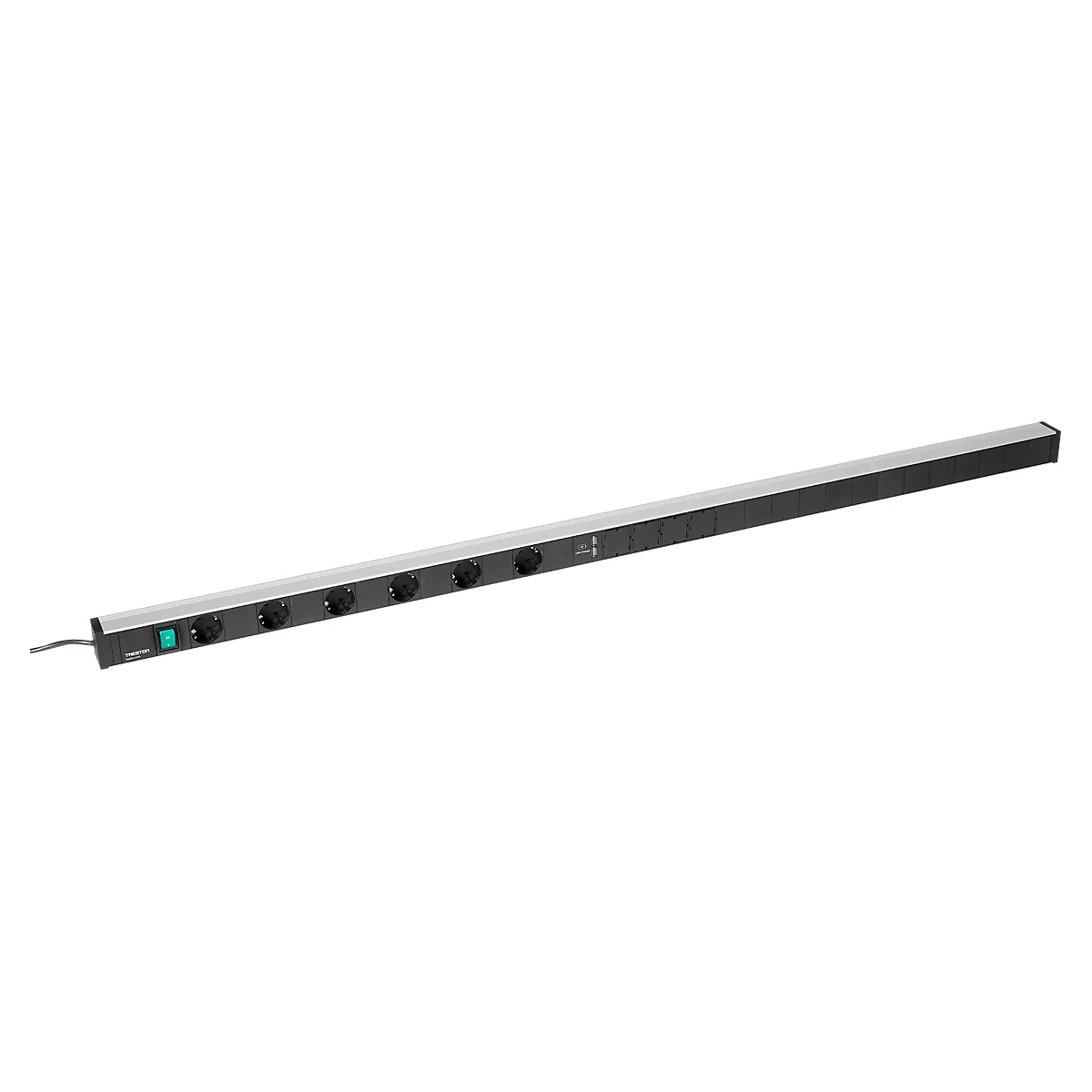 Steckdosenleiste Treston 1400, 6-fach, 2 x USB-A, An/Aus-Schalter, 4,5 m langes Kabel, 16 A/250 V, B 1400 x T 44 x H 52 mm, Aluminium