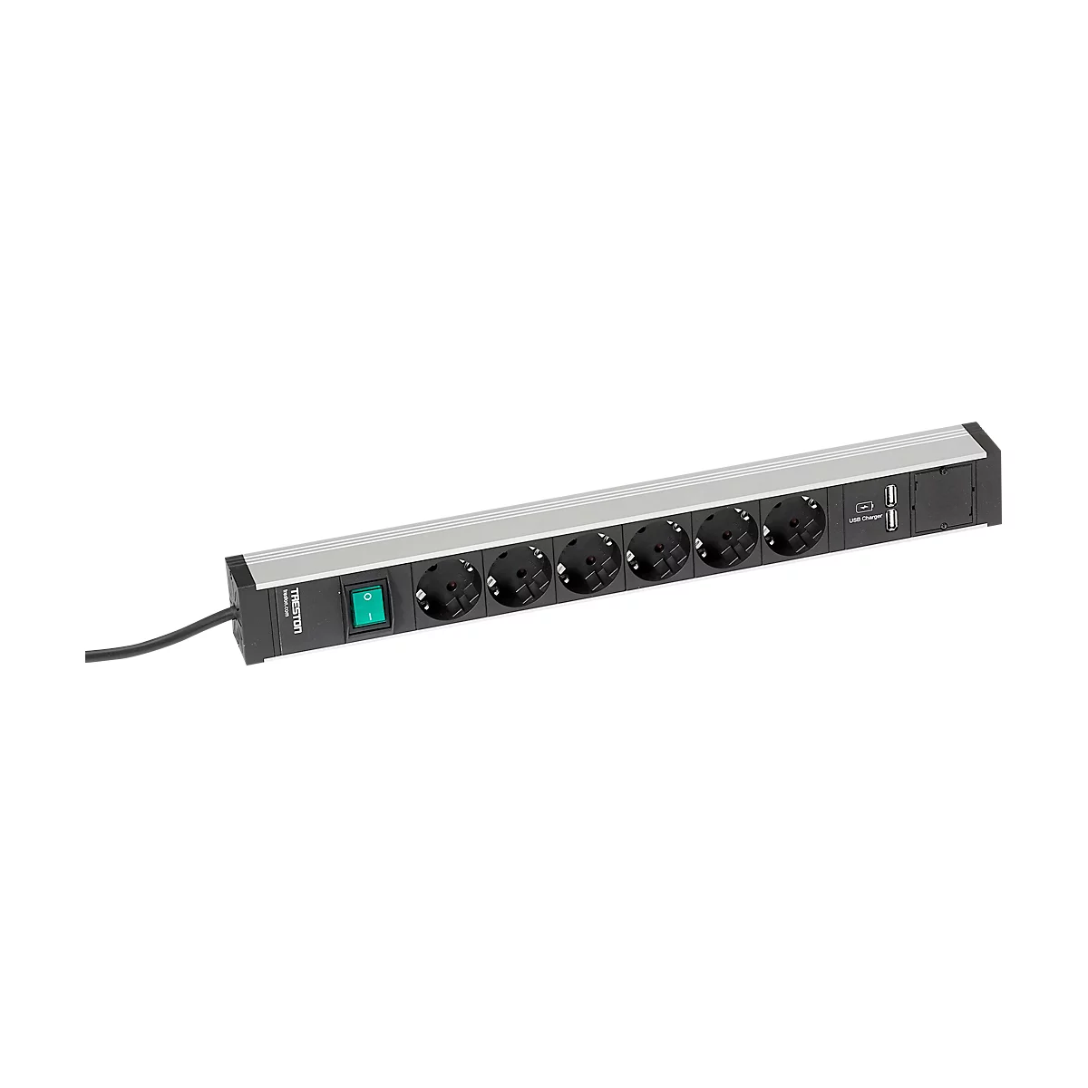 Steckdosenleiste Treston 468/1, 6-fach, 2 x USB A, An/Aus-Schalter, 4,5 m langes Kabel, 16 A/250 V, B 468 x T 44 x H 52 mm, Aluminium