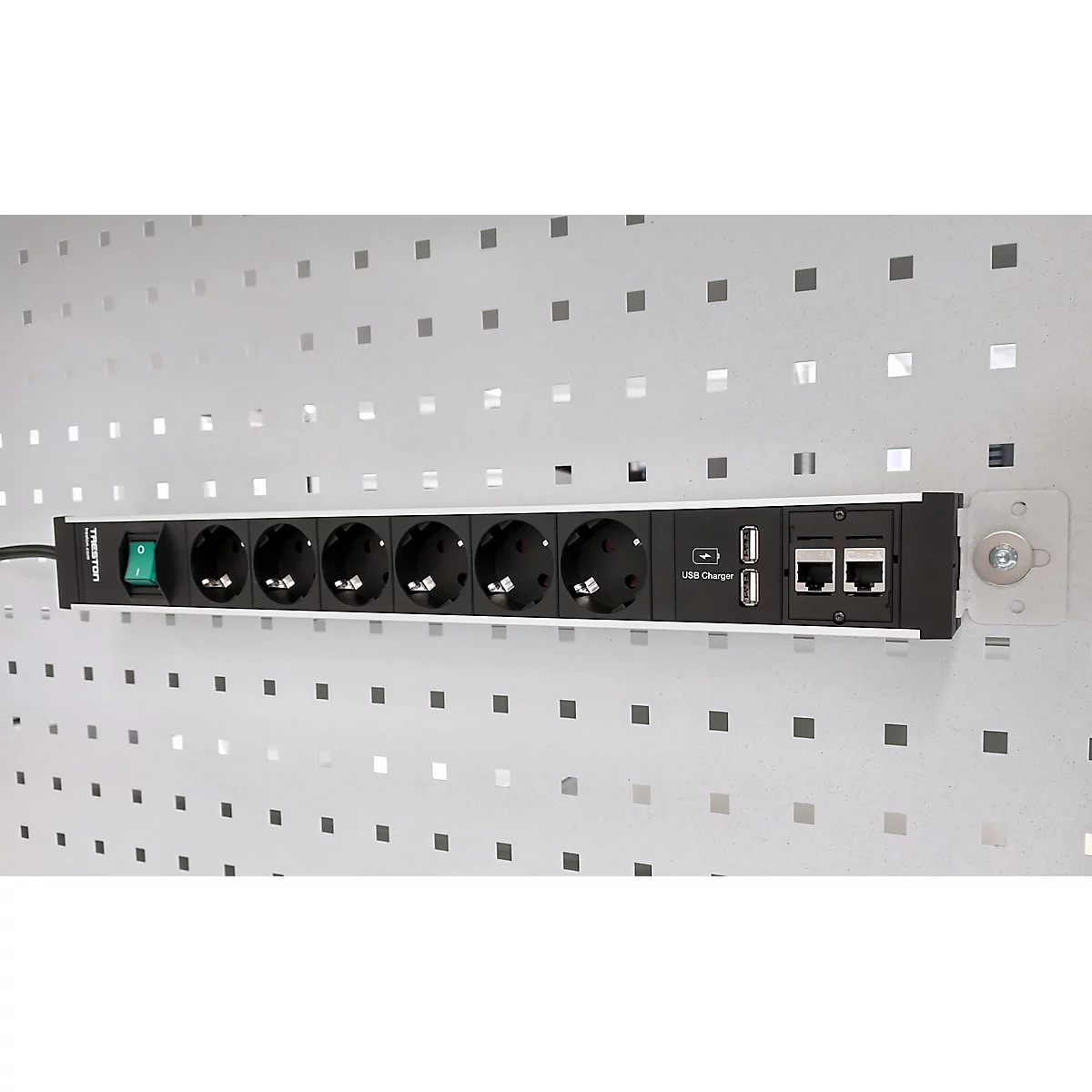 Steckdosenleiste Treston 468/3, 6-fach, 2 x USB A & 2 x CAT6A, An/Aus-Schalter, 4,5 m langes Kabel, B 468 x T 44 x H 52 mm, Aluminium