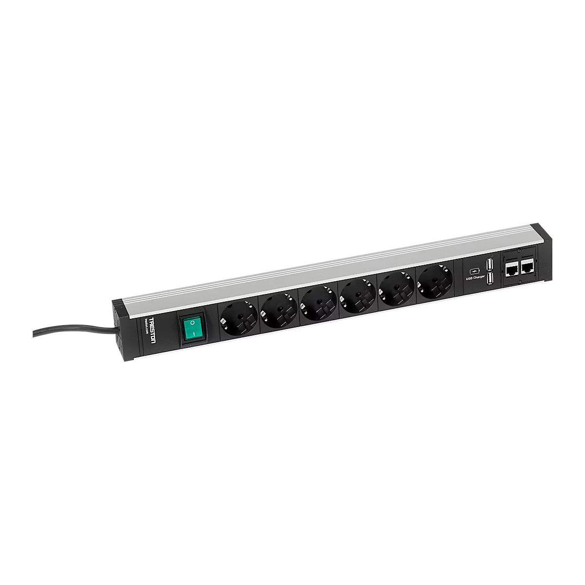 Steckdosenleiste Treston 468/3, 6-fach, 2 x USB A & 2 x CAT6A, An/Aus-Schalter, 4,5 m langes Kabel, B 468 x T 44 x H 52 mm, Aluminium