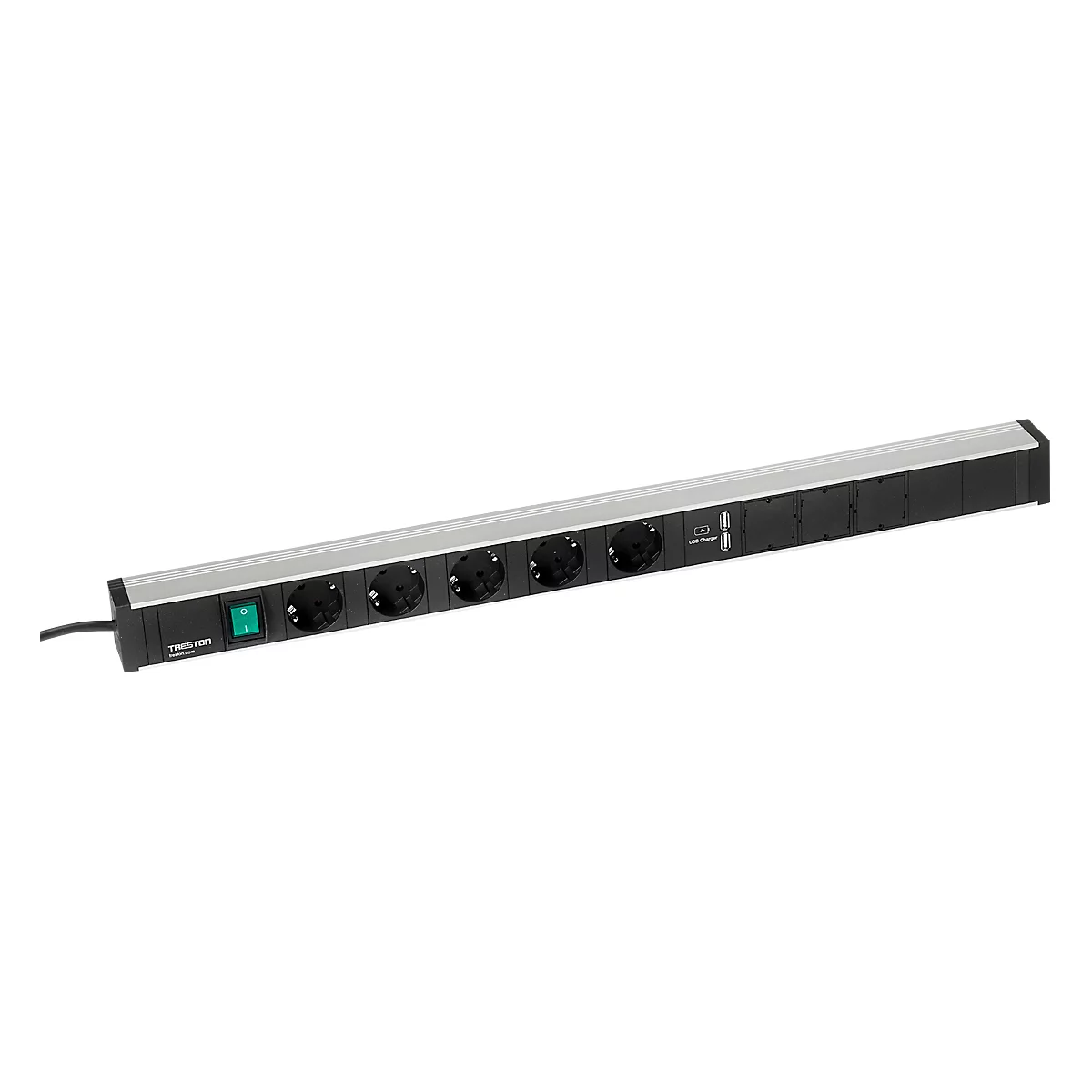 Steckdosenleiste Treston 683, 5-fach, 2 x USB-A, An/Aus-Schalter, 4,5 m langes Kabel, 16 A/250 V, B 683 x T 44 x H 52 mm, Aluminium