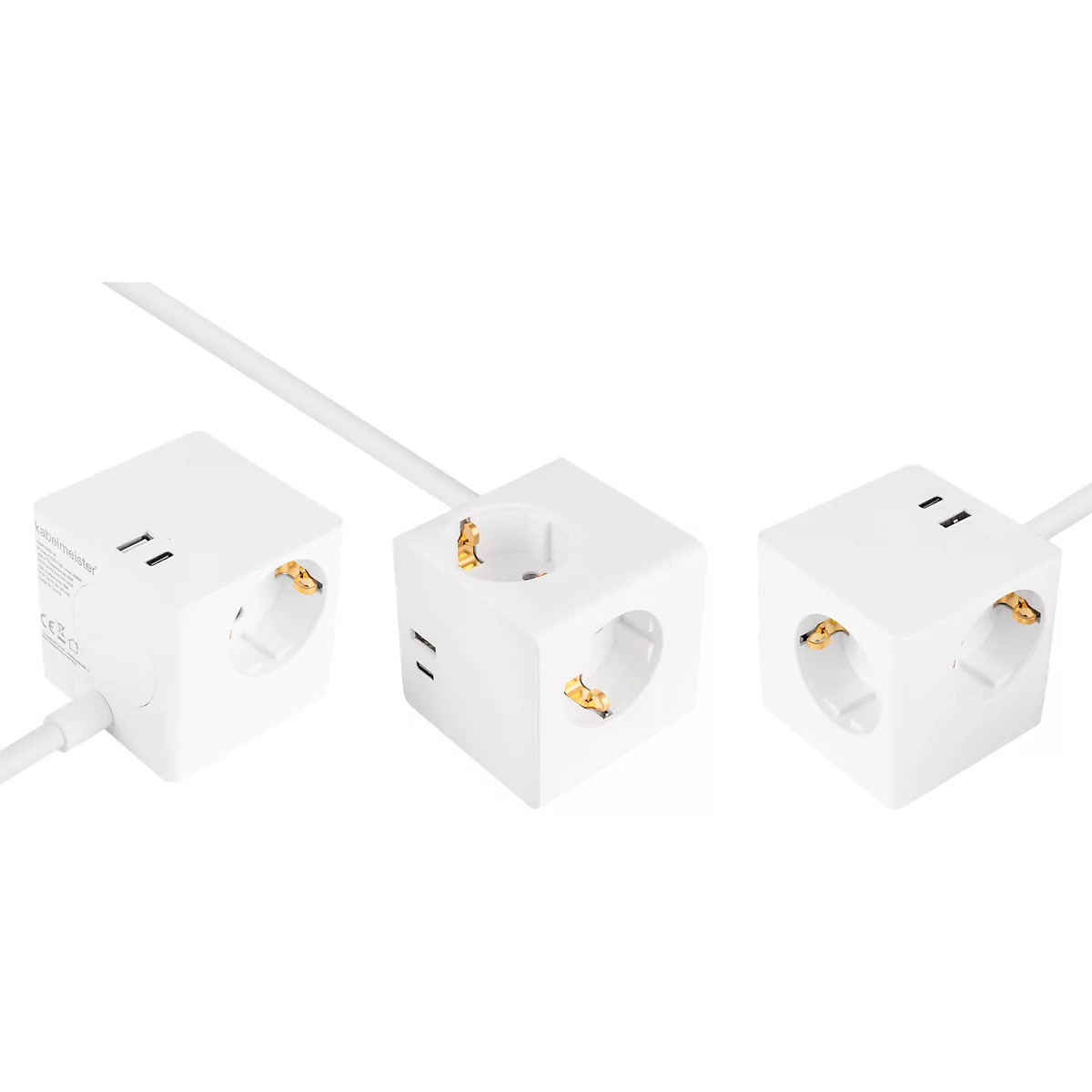 Steckdosenwürfel Kabelmeister® SW01-W020, 3 x Schuko-Buchse, 1 x USB-C mit 20 W, 1 x USB-A mit 18 W, B 67 x T 67 x H 67 mm, weiß