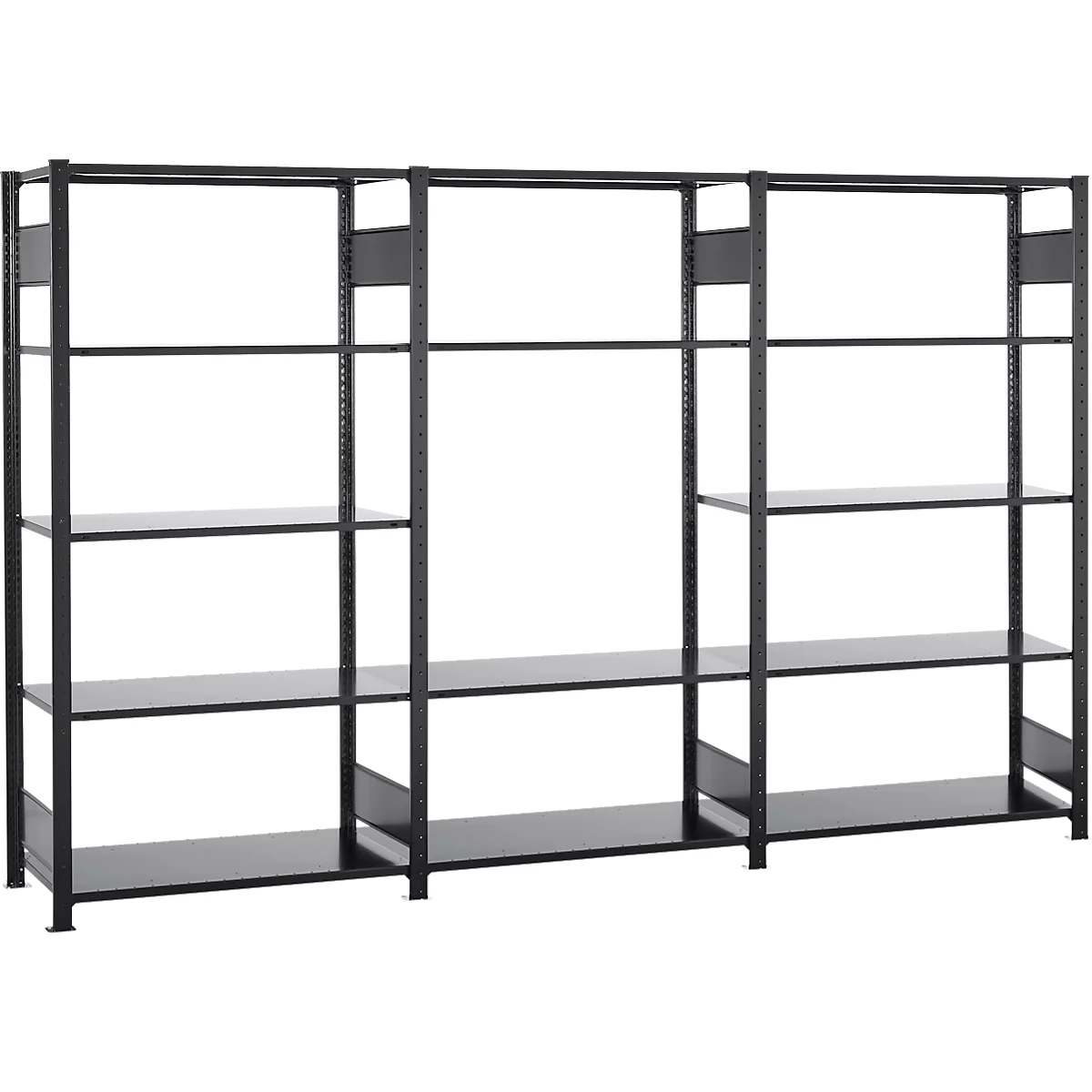 Steckregal Set Schulte Lagertechnik MULTIplus 150, 1 x Grundregal & 2 x Anbauregal, 14 höhenverstellbare Fachböden, B 3000 x T 500 x H 2000 mm, Stahl, schwarz