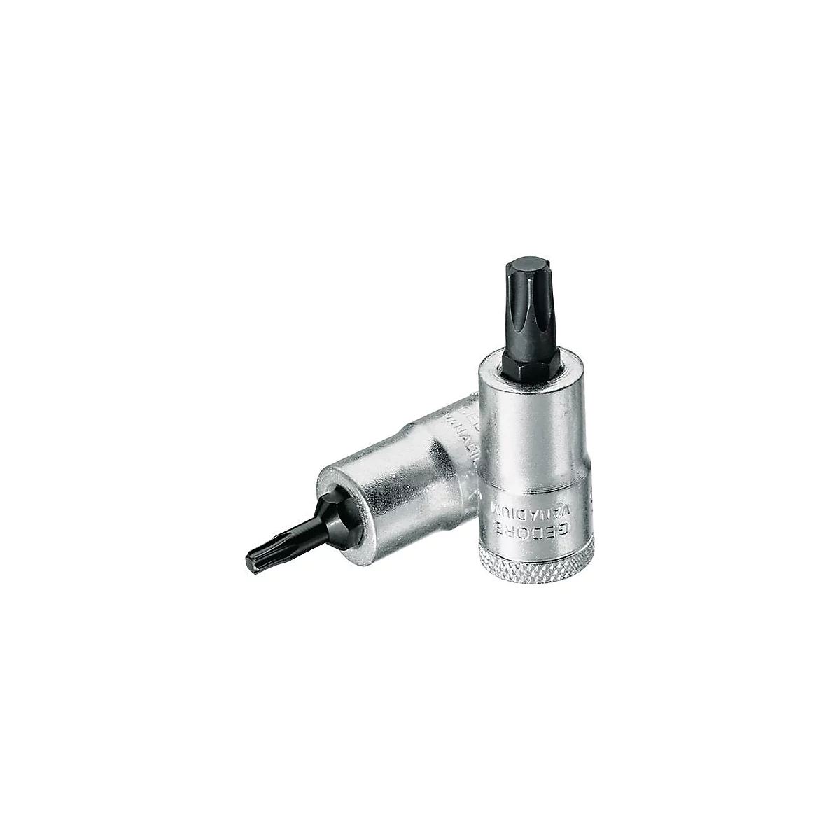 Zwei silberne Torx-Bits liegen vor hellem Hintergrund. Auf einem steht "GEDORE VANADIUM".