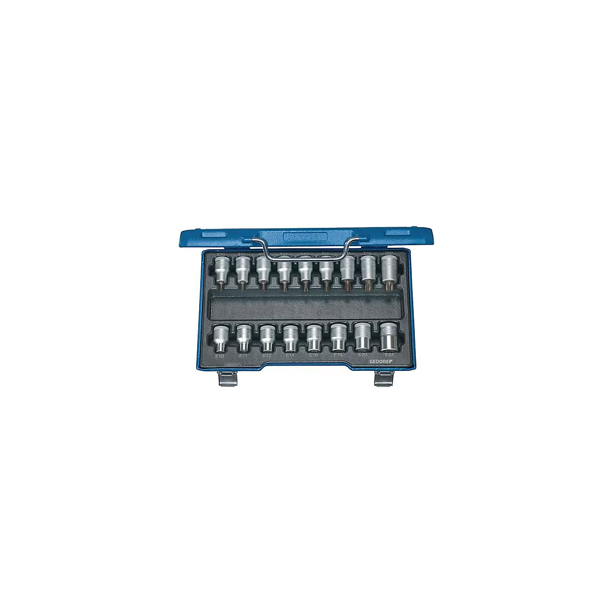 Ein Set aus metallischen Torx-Schlüssel in einem blauen Kunststoffkoffer.