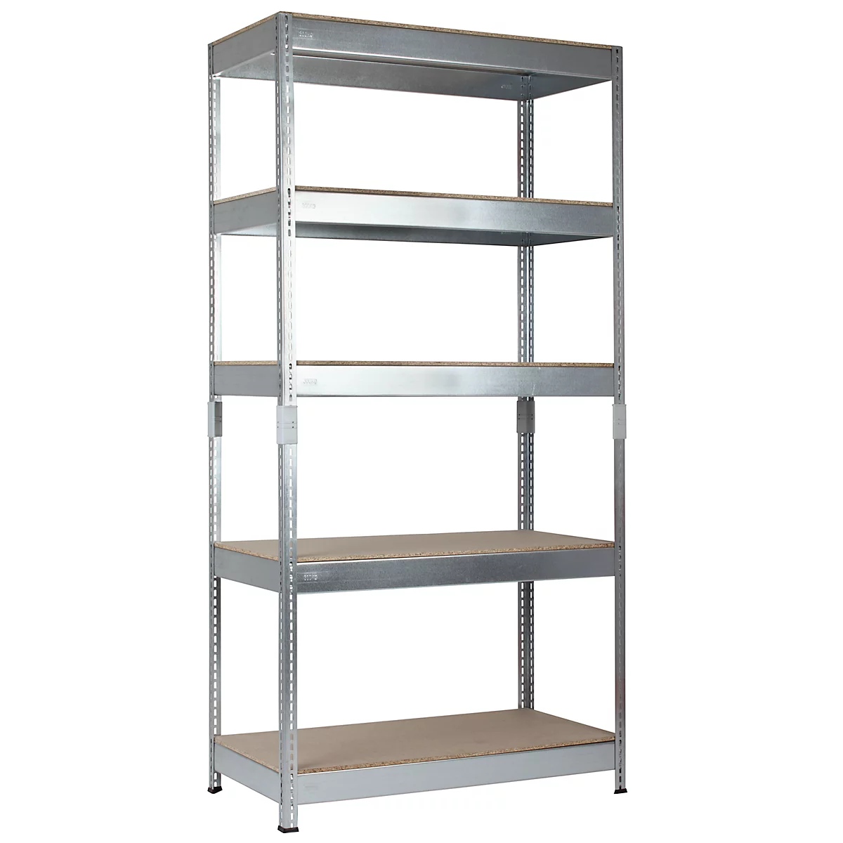 Ein metallisches Regal mit fünf Ebenen, bestehend aus Metallrahmen und Holzplatten. Helles Design, vor weißem Hintergrund.