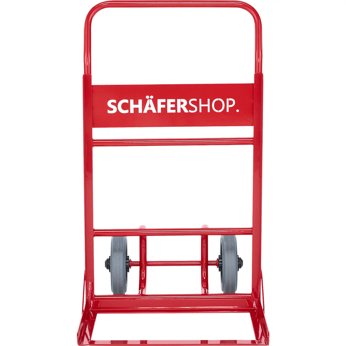 Rode steekwagen met de tekst "SCHÄFERSHOP.". Twee grijze wielen, stalen frame.