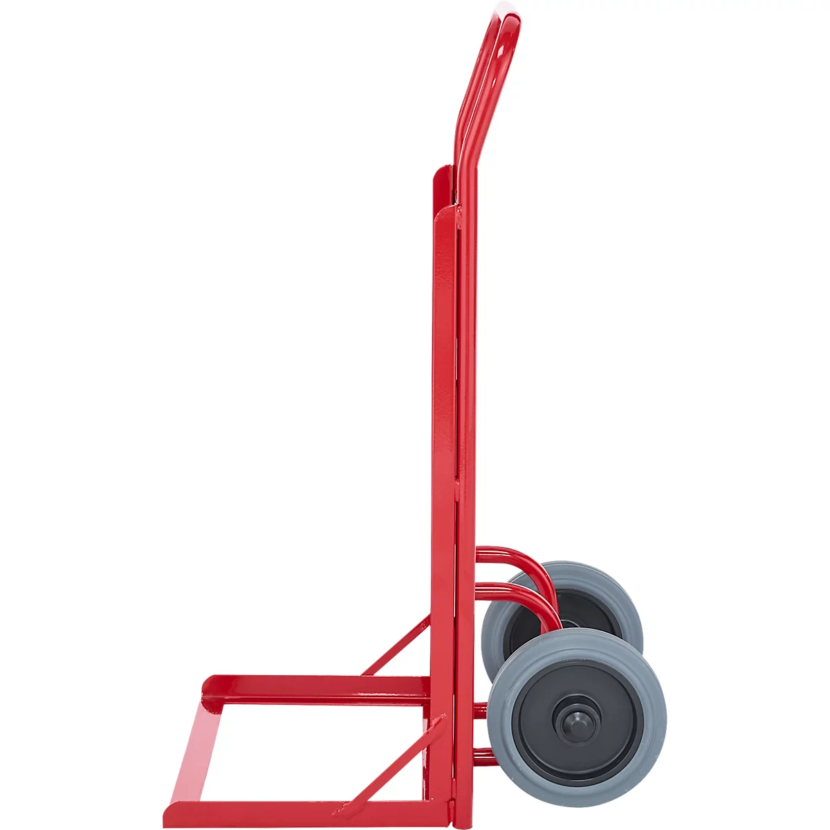 Rode steekwagen in zijaanzicht. Twee grijze wielen zijn zichtbaar, evenals een draagbeugel.