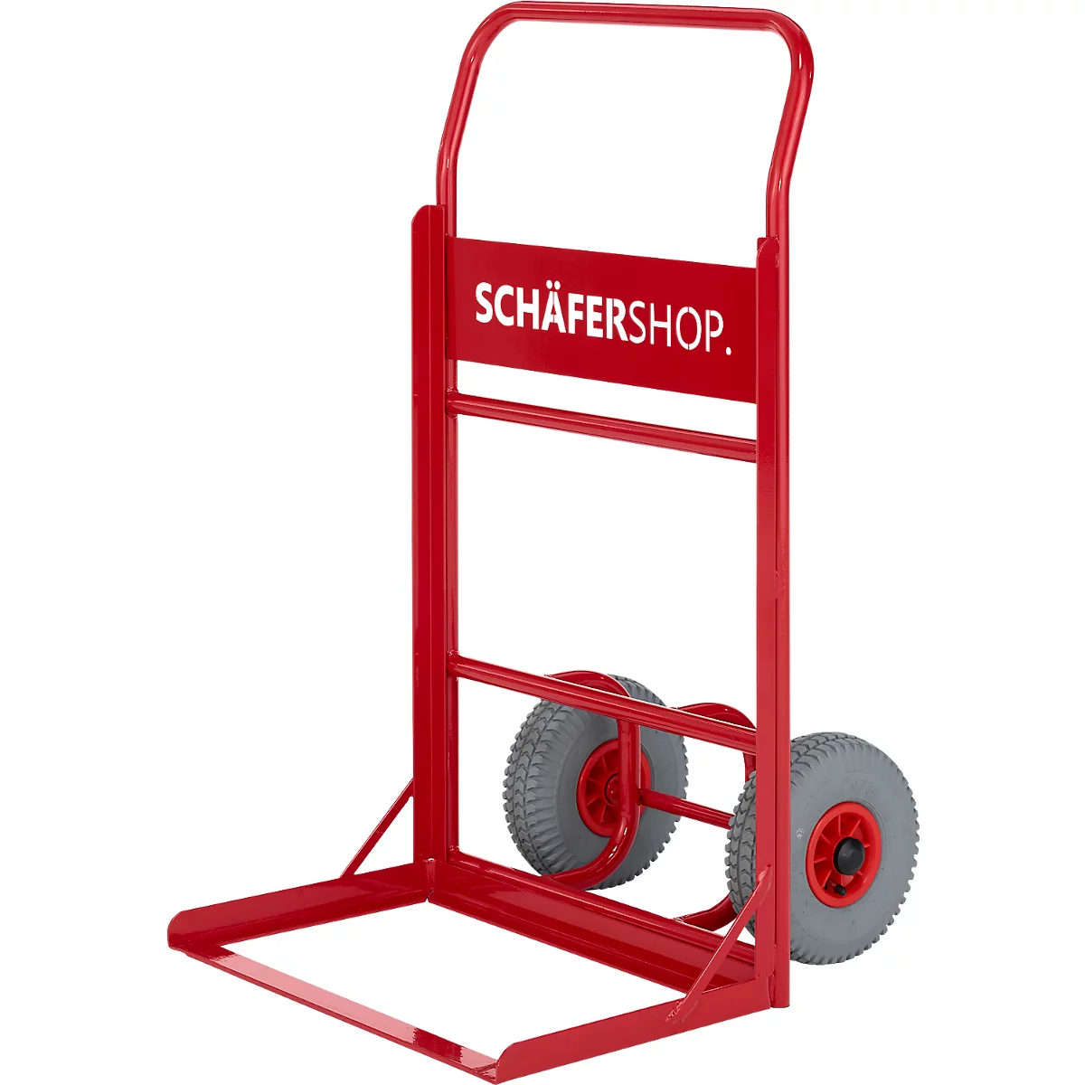 Rode steekwagen met twee grijze wielen, met de letters SCHÄFERSHOP.
