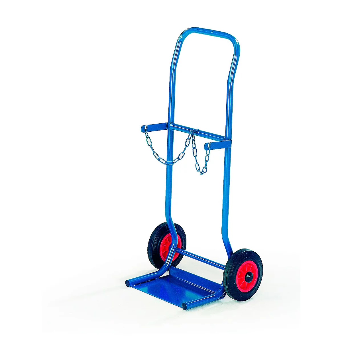 Blue gas cylinder trolley with two wheels and red rims, on a white background.