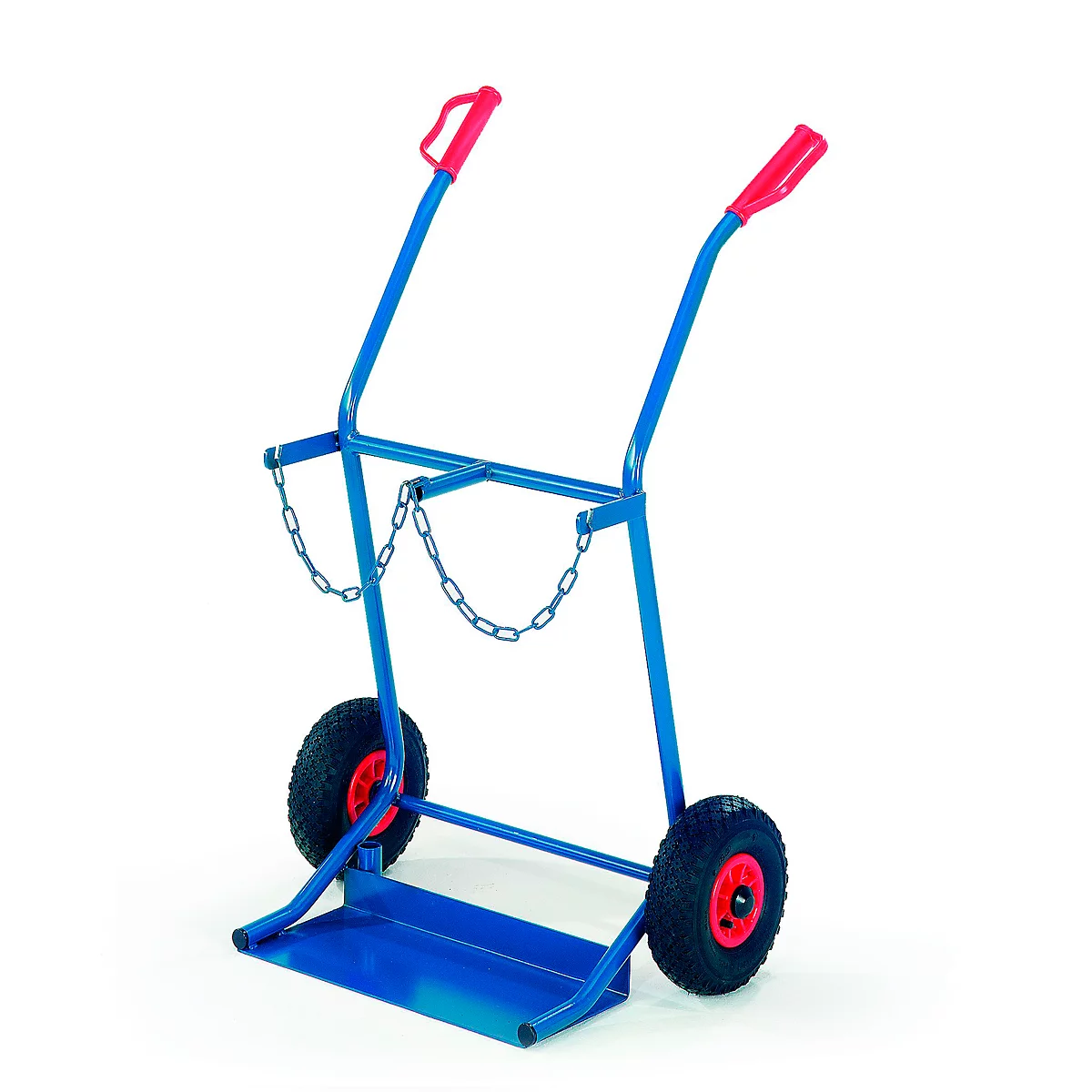 Blue gas cylinder trolley with red handles and tires. On white background.