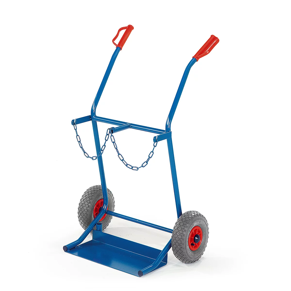 Blue gas cylinder trolley with two wheels and red handles. Chain to secure the bottle.