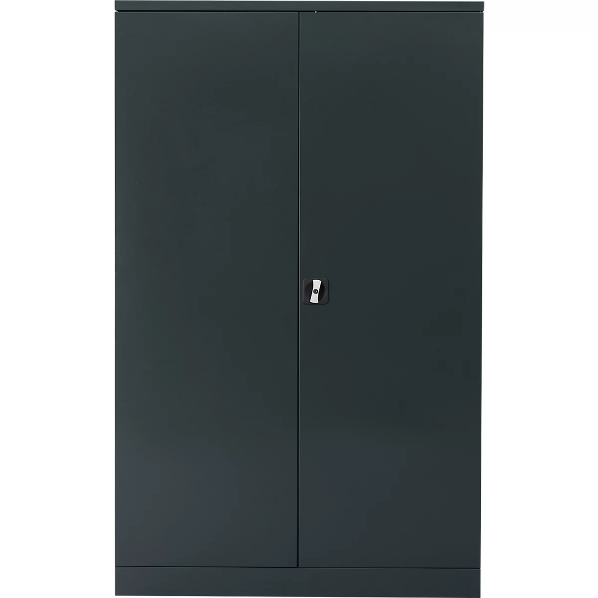 Dark gray closed cabinet with two doors and a silver handle.